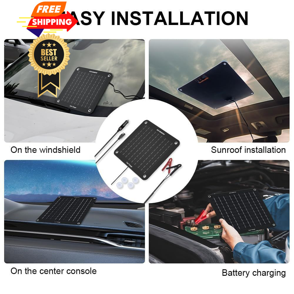 ECO-WORTHY 10W Solar Car Battery Charger Maintainer 12V Waterproof 10W, Black