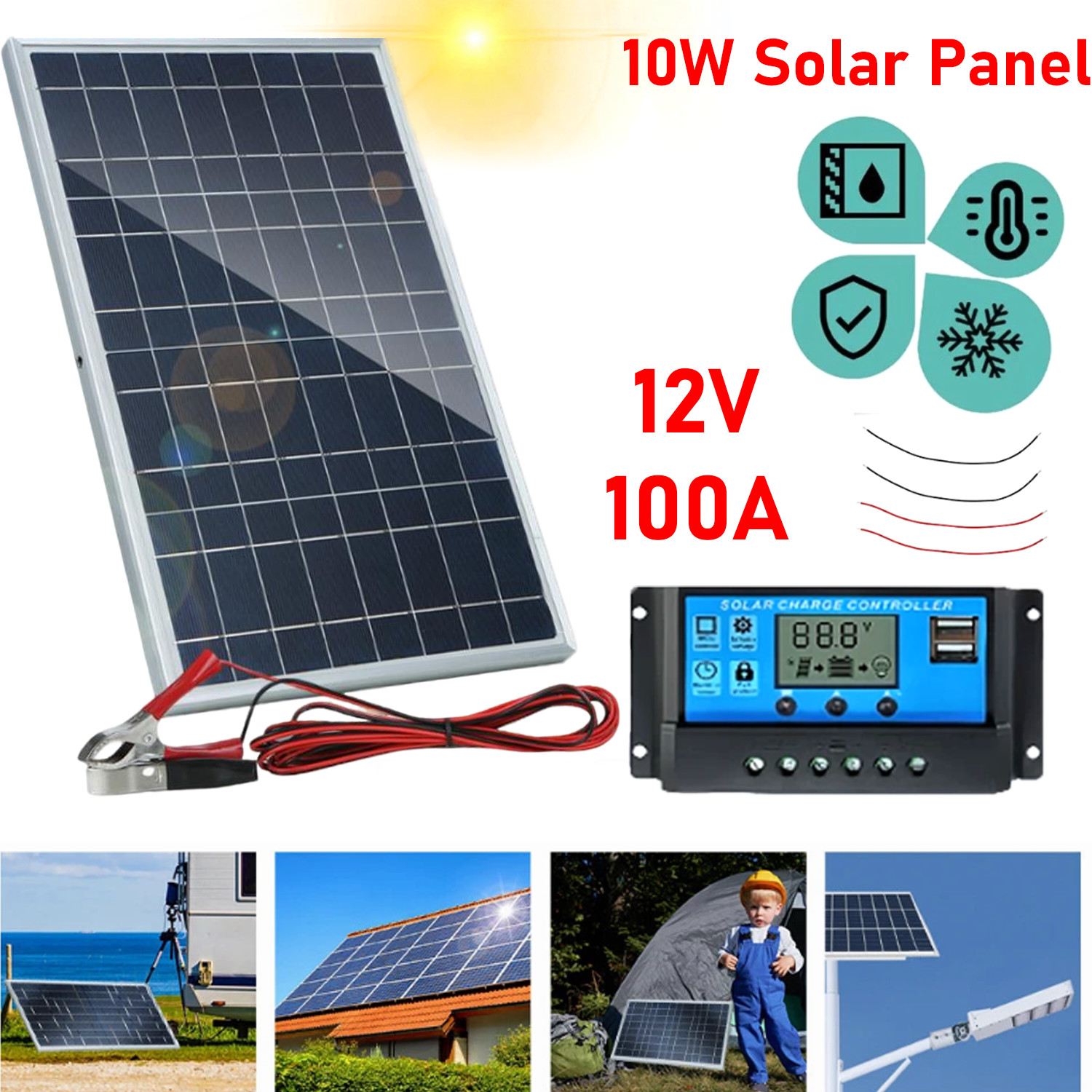 10W Solar Panel 12V Solar Battery Trickle Charger 100A W/ Controller Maintainer