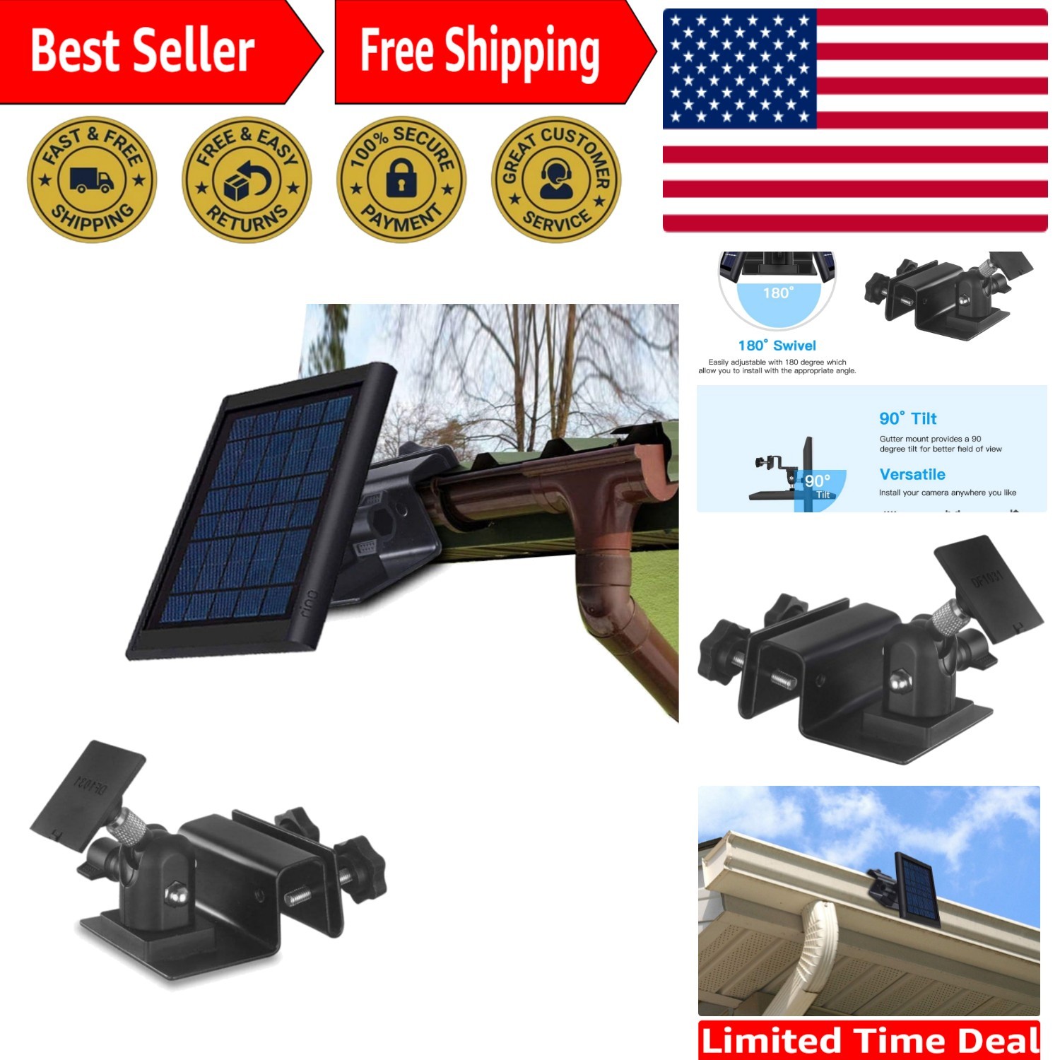 Weatherproof Gutter Mount for Ring Solar Panel- Adjustable Aluminum Alloy Out…