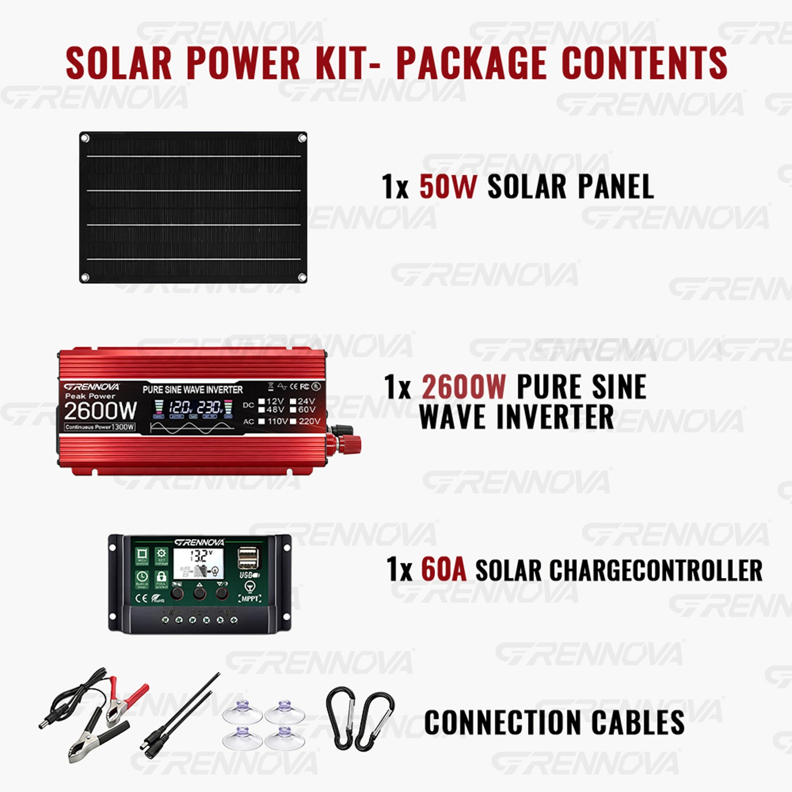 Grennova 2600W Off-Grid Solar System 50W Panel 60A MPPT Dual Voltage Inverter