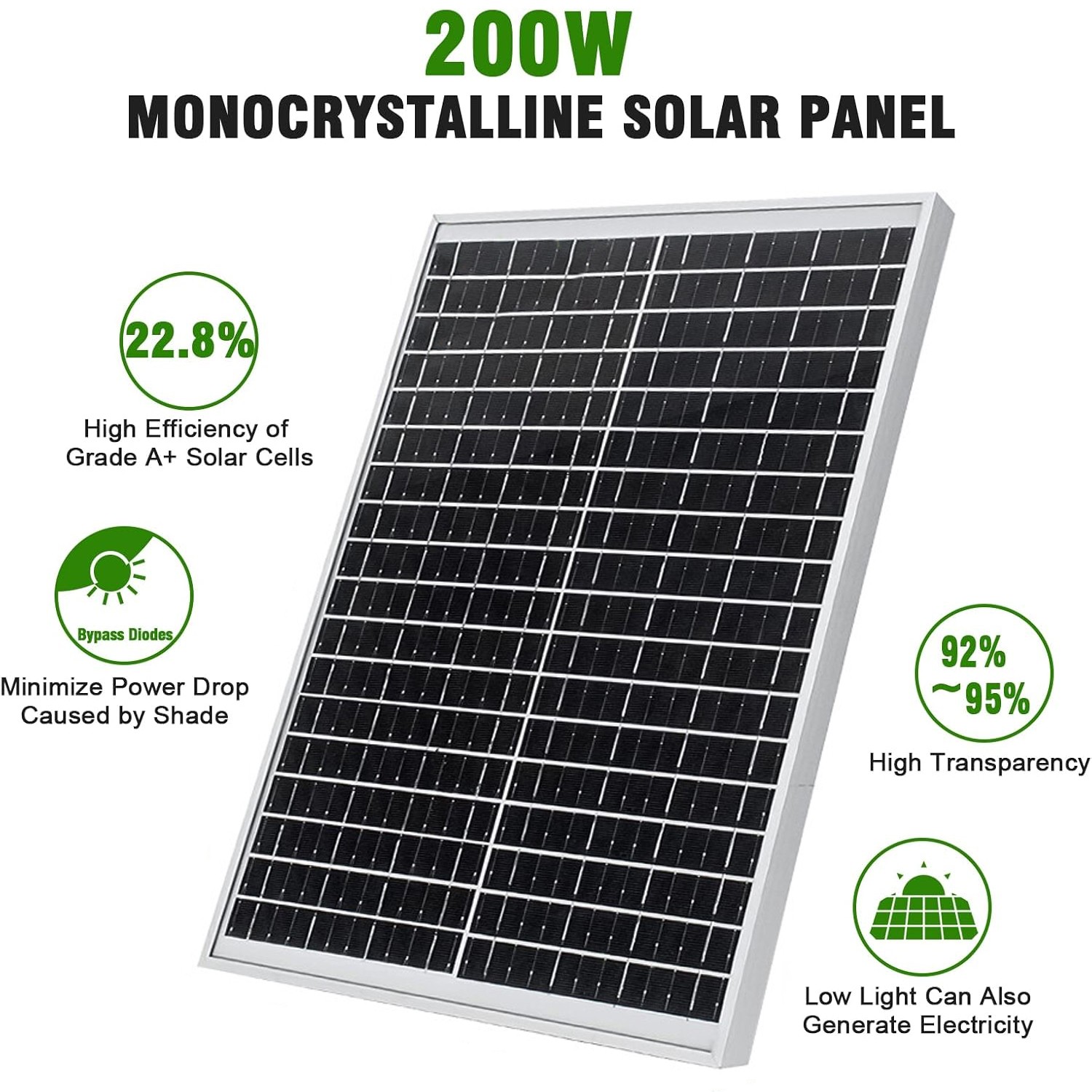 200 Watt Solar Panel Monocrystalline High-Efficiency Module PV Power Panels 2PCS