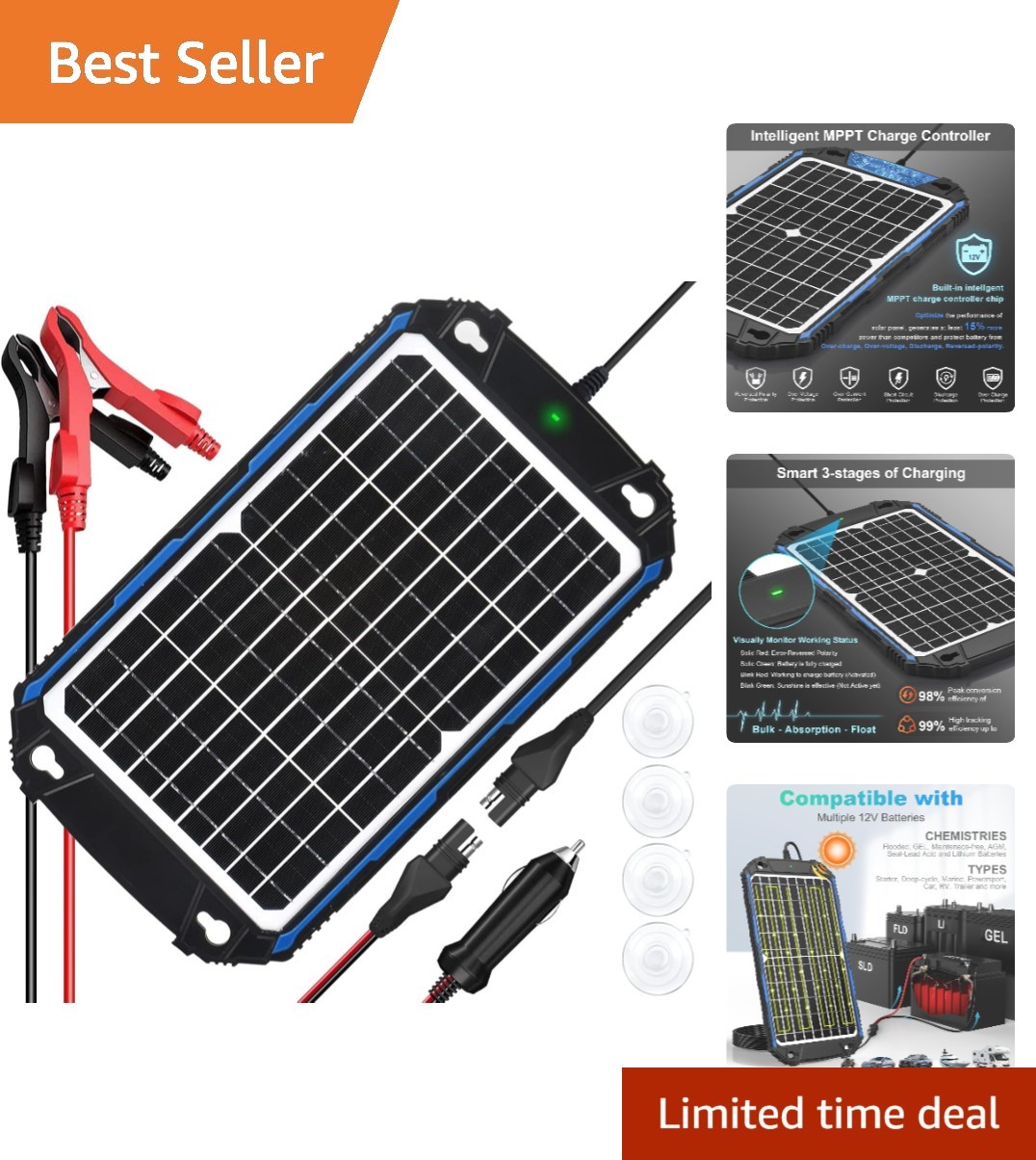 Compact and Efficient 12V Solar Panel Charger & Maintainer with Free Maintenance