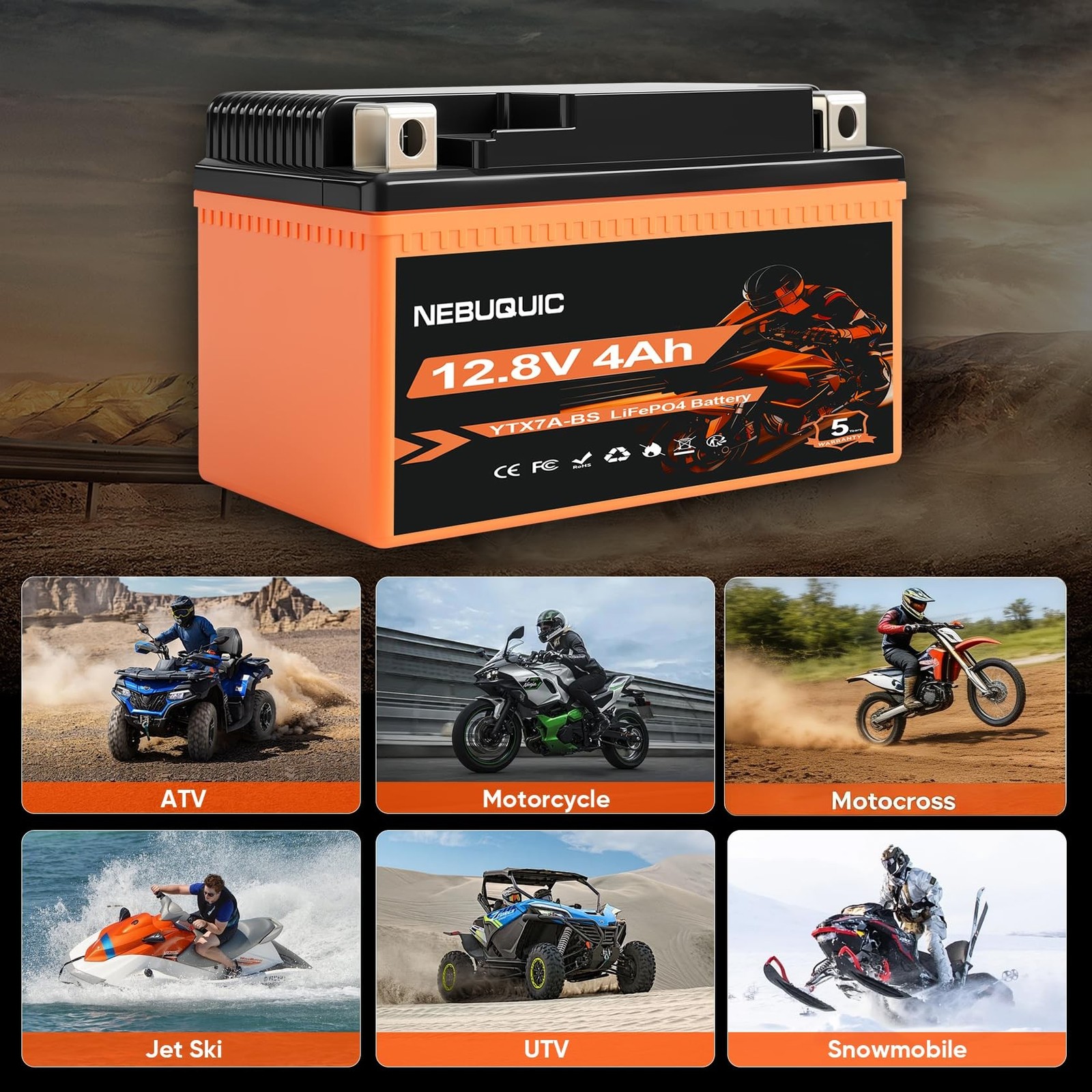 YTX7A-BS Lithium Motorcycle Battery, 12V 4Ah 400CCA LiFePO4 Powersport Replac…