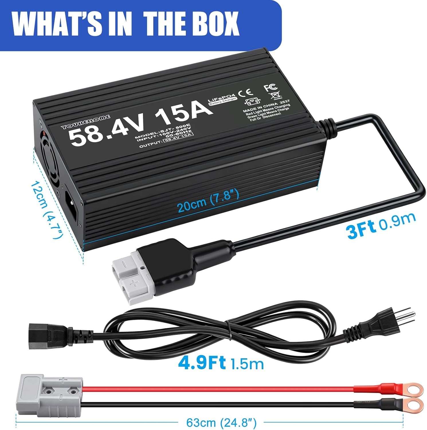 48 Volt/58.4V 15A LiFePO4 Battery Charger for 48V/ 51.2V Lithium Battery for Gol