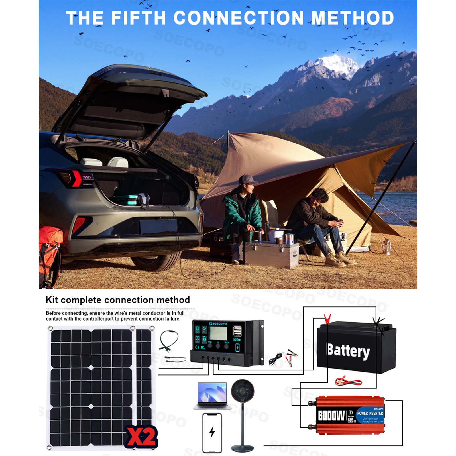 6000W Solar Kit: Inverter (12V to 110V/220V), 2pcs Solar Panels,Controller 100A