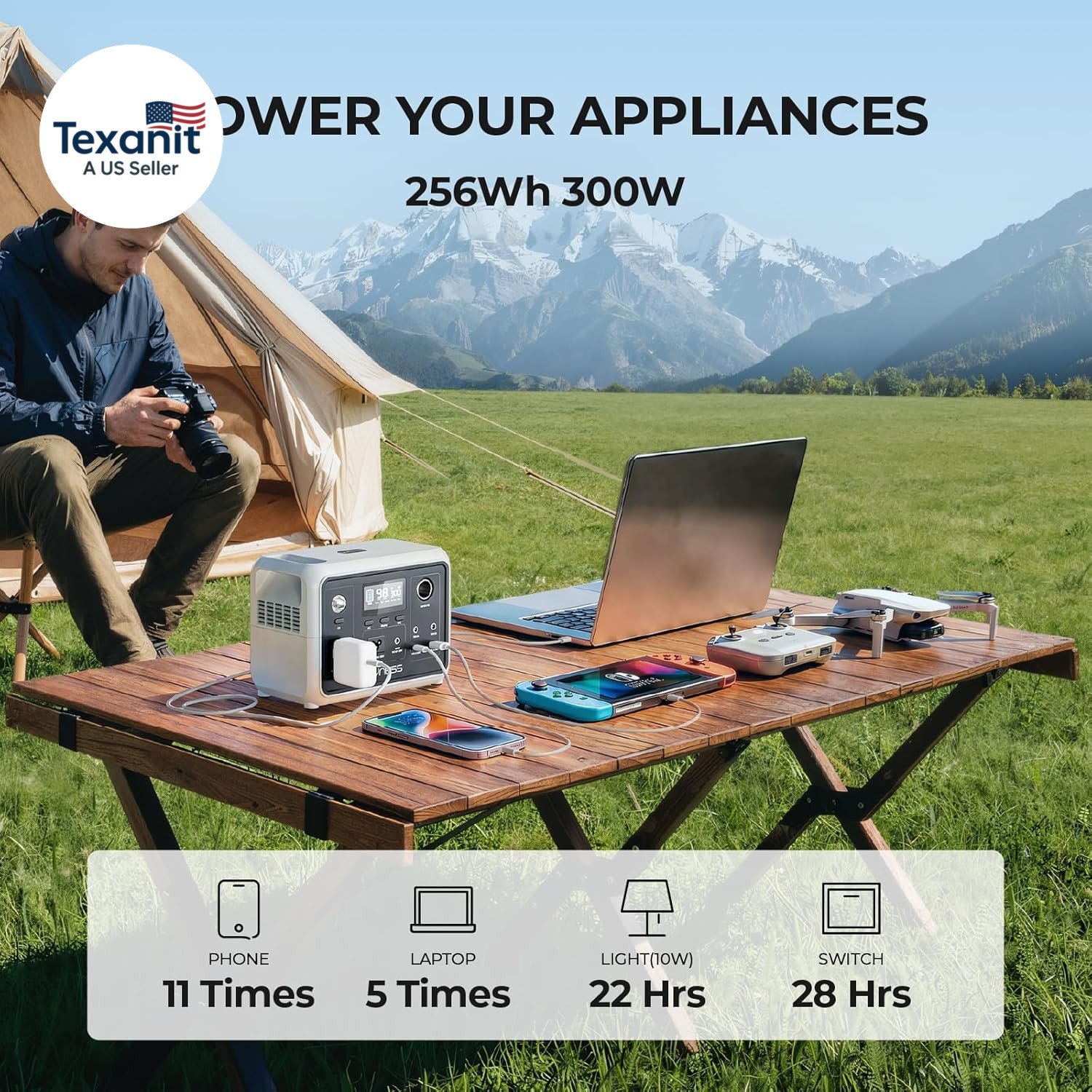 Portable Power Station 300W, 256Wh Solar Generator with 110V Pure Sine Wave AC O