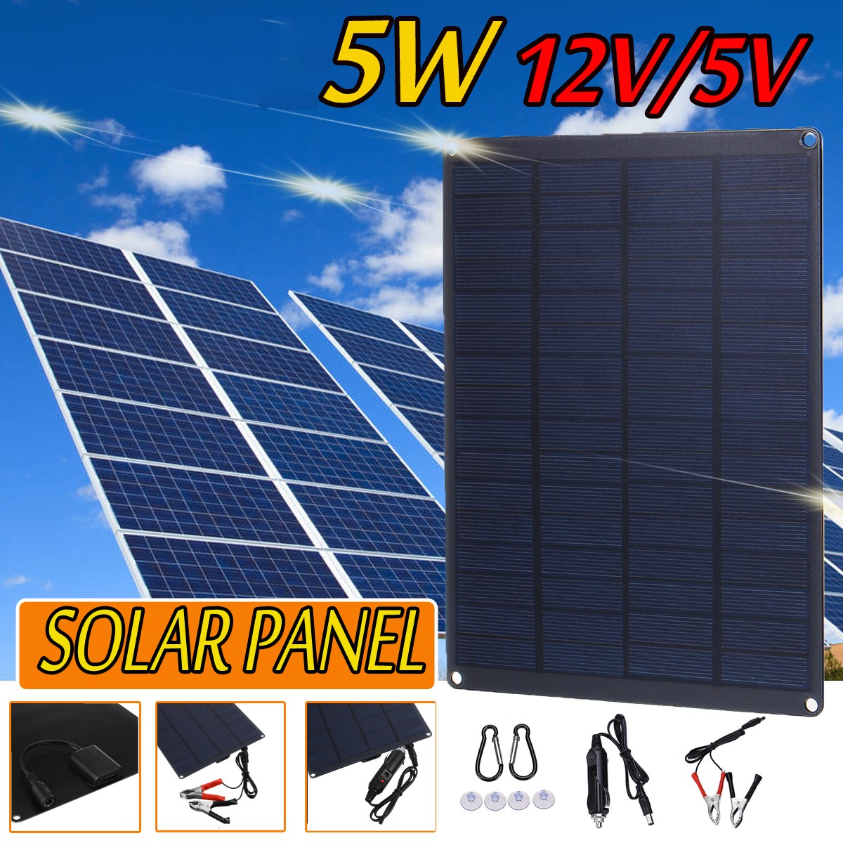 12V 5W Solar Panel and 5V Battery Charger Kit For RV Boat Car Camping Marine