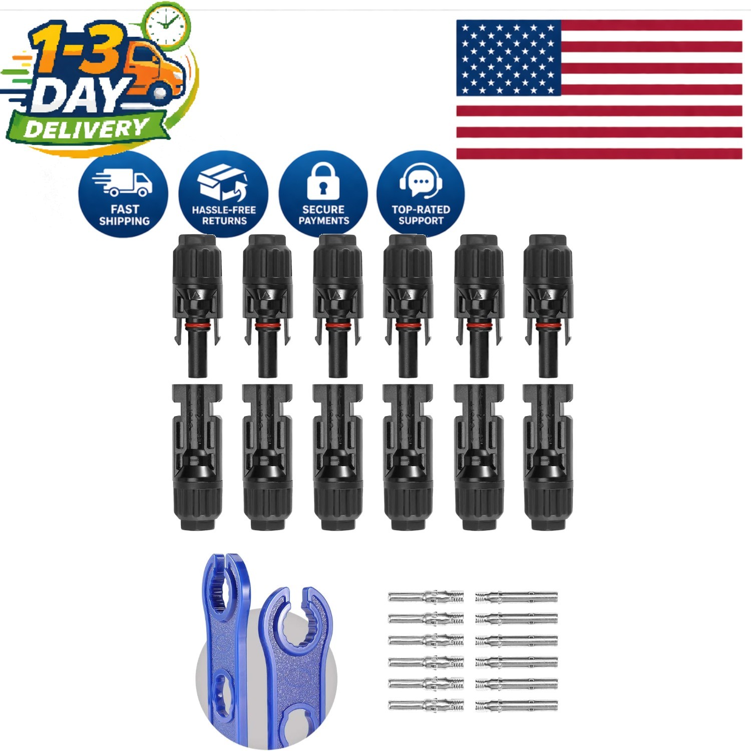 12 PCS Weatherproof Solar Connectors with Spanners – 6 Pairs Male/Female 10AWG