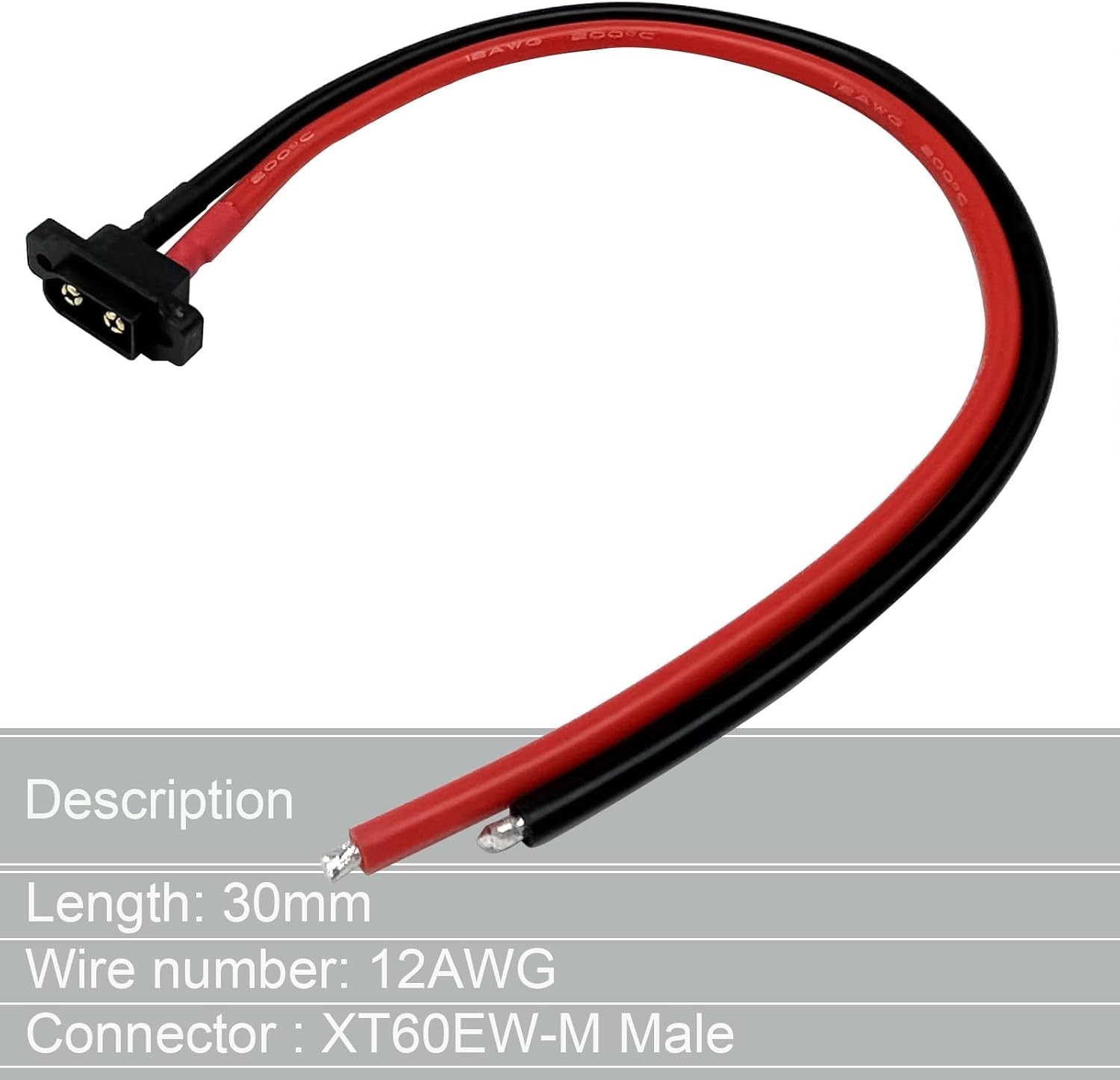 XT60 Male Pigtail Cable Panel Mount Connector 30cm 12AWG 2PCS