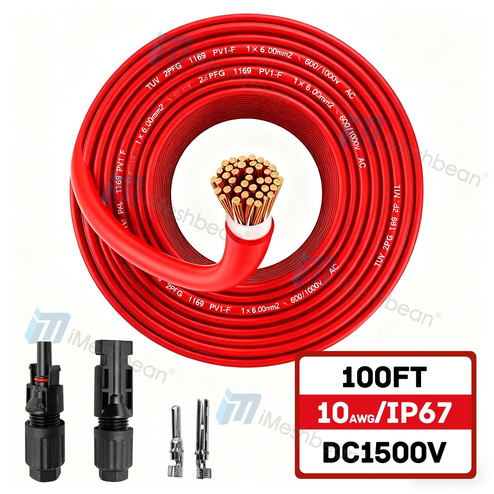 100FT 10AWG Red Solar Panel Extension Cable PV Wire Waterproof Solar Connectors