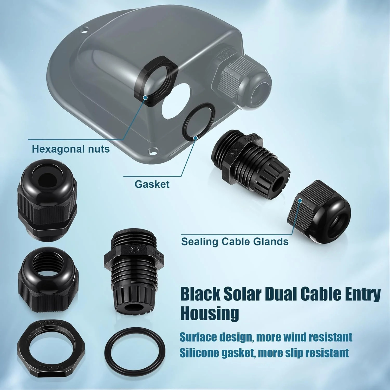 Enhon 2 Pack Solar Cable Entry Gland, Weather Resistant Solar Gland, Dual Cable