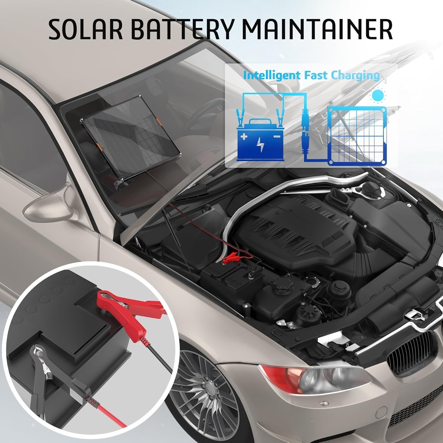 12V Solar Car Motorcycle Boat Marine RV Trailer ATV Trickle Battery Charger Kit