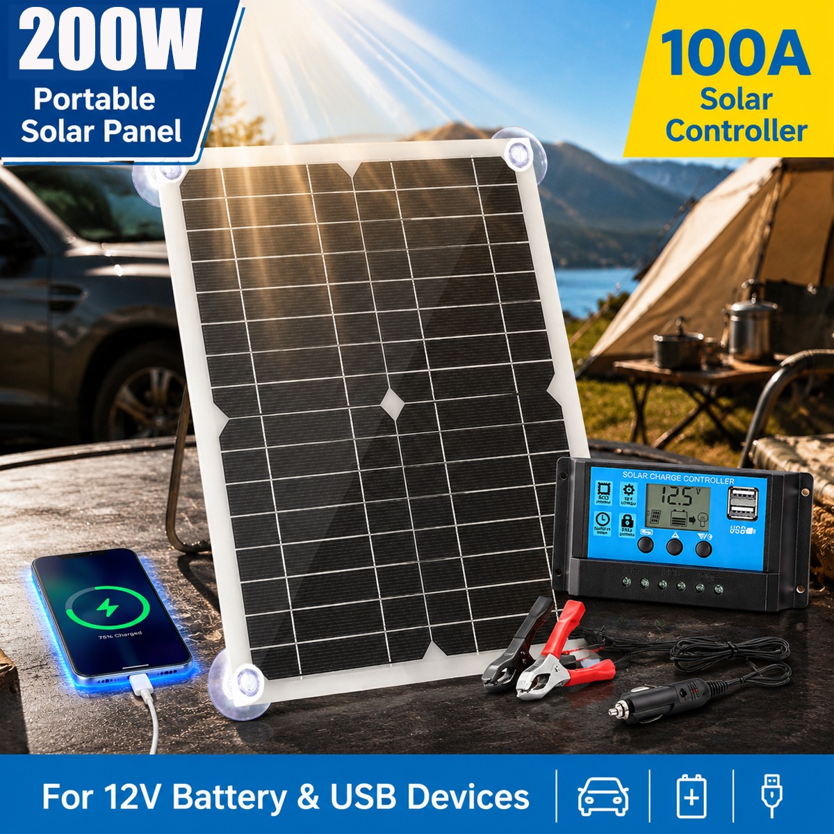 200W Solar Panel Kit 12V w/ 100A Solar Charge Controller USB Output for Outdoor