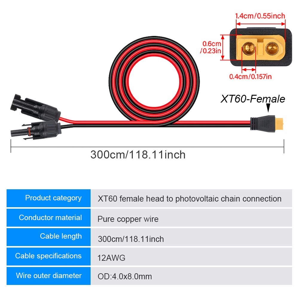 12AWG XT60 Female to Solar Connector Extension Cable Wire For Solar Generator US