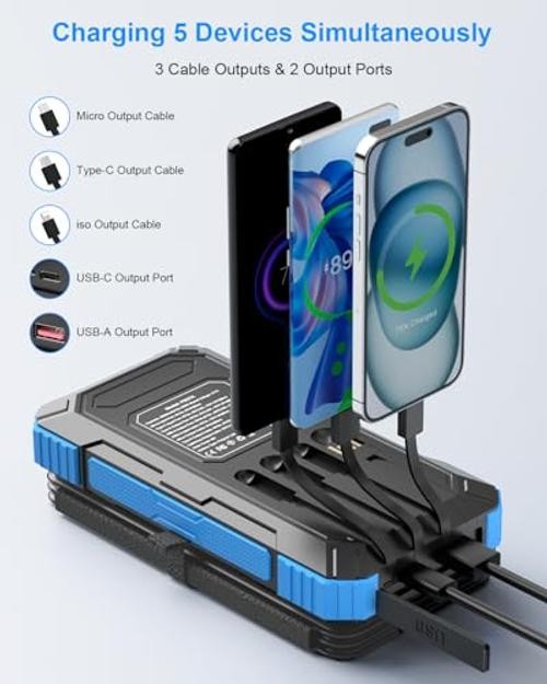 Solar Charger Power Bank 49800mAh with 4 Built-in Cables & 3 Foldable Panels,