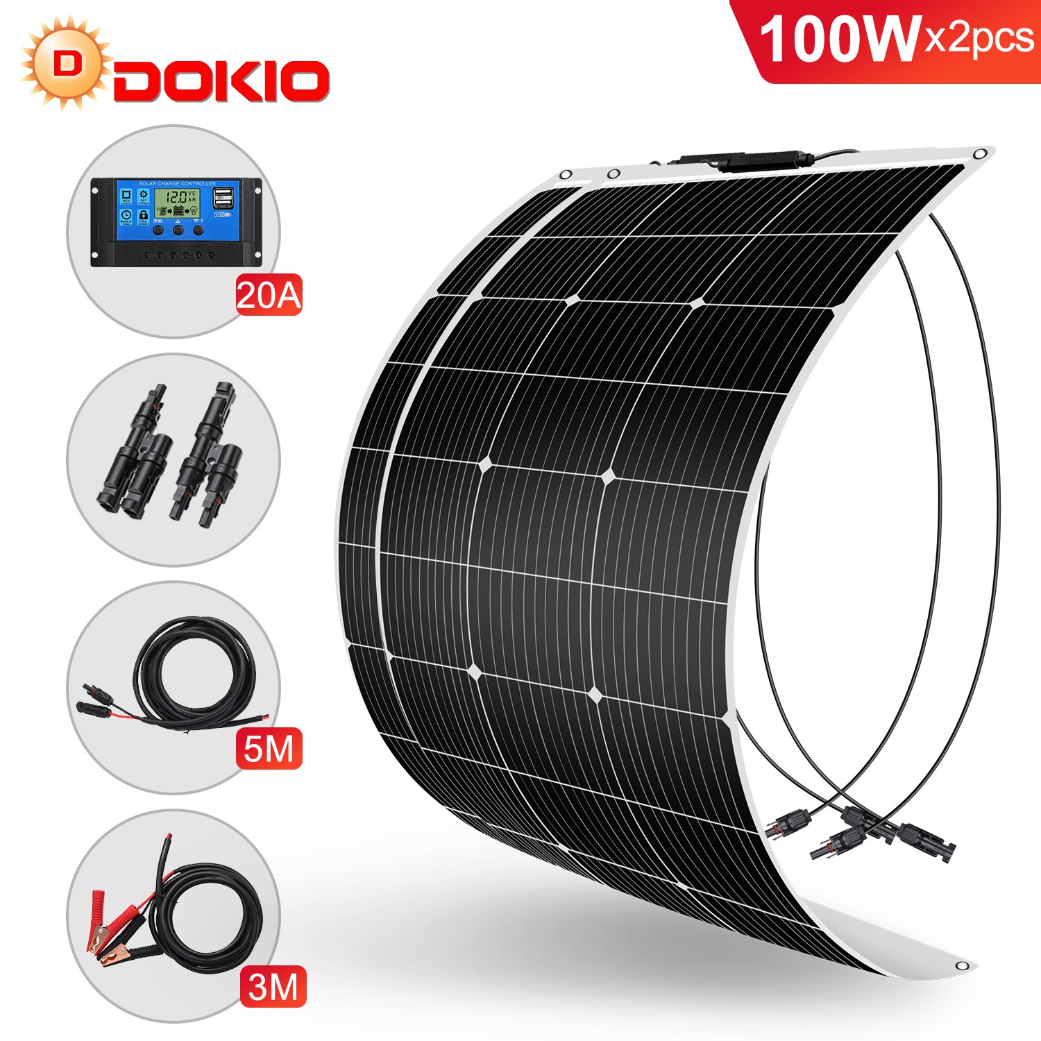 DOKIO 200W Flexible Solar Panel Kit 12V Battery Charging for RV Boat Off Grid