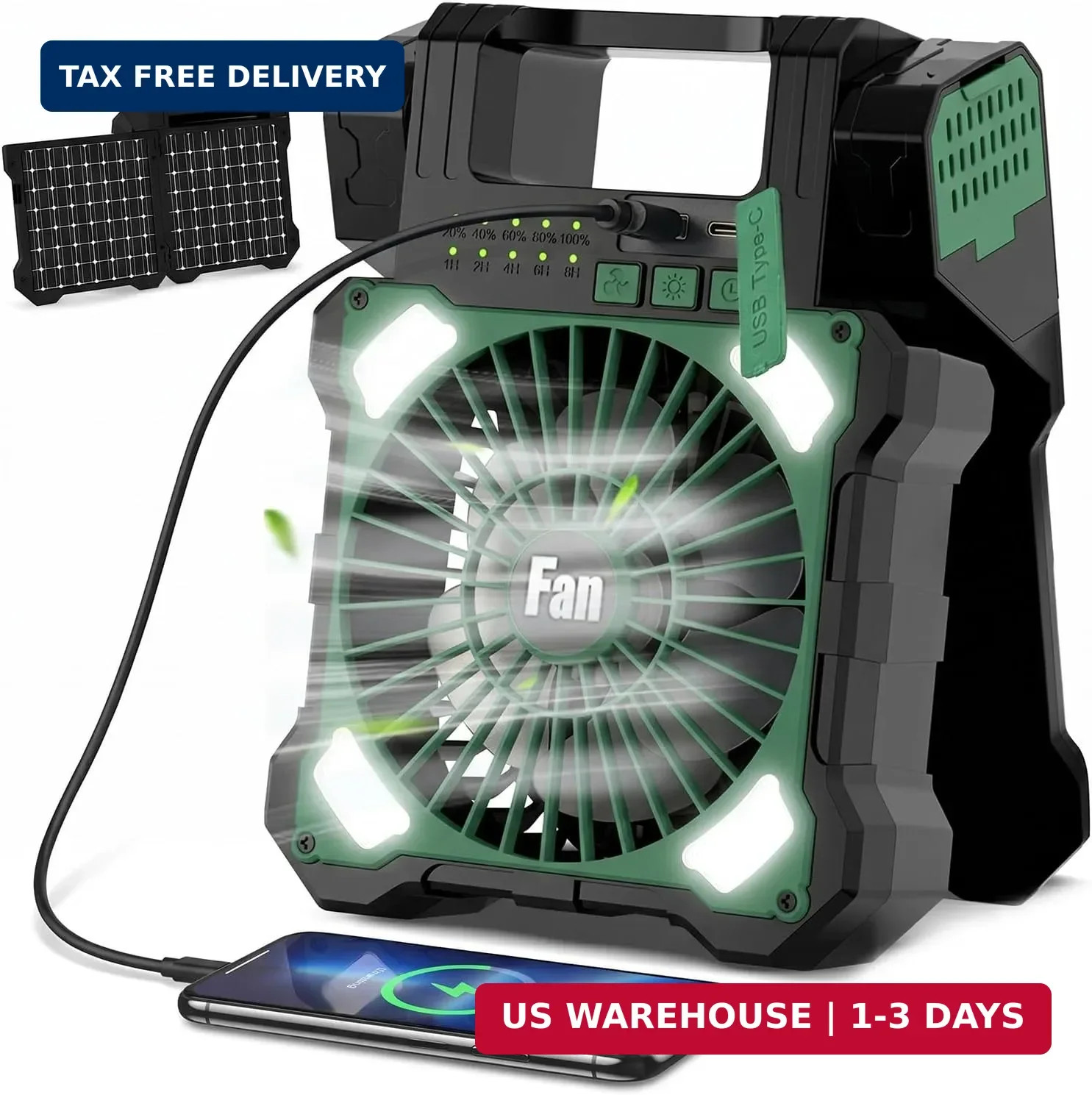 22000mAh Camping Solar Fan, Dual-Panel Rechargeable Solar Powered Fan with LED L