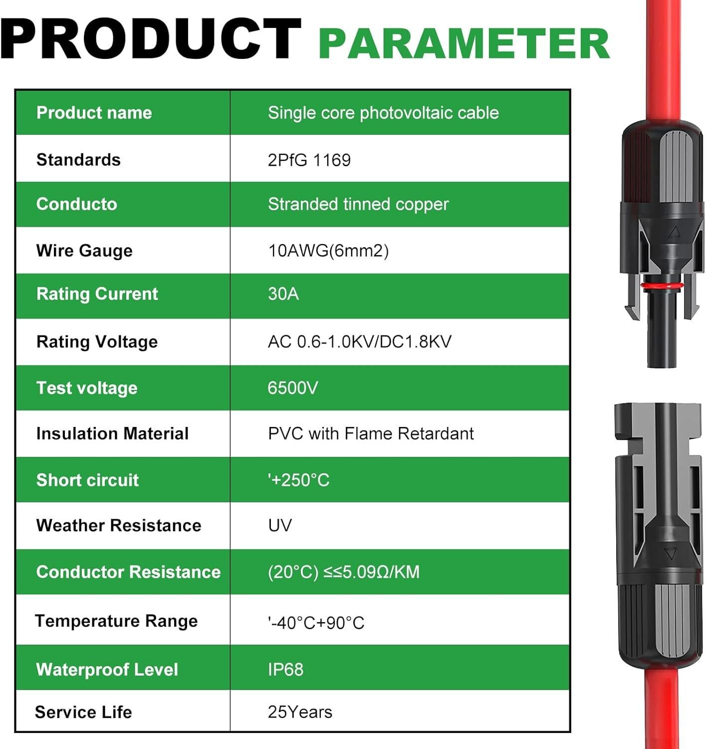 10AWG Solar Panel Extension Cable Tinned Copper Solar Cable PV Wire Connectors