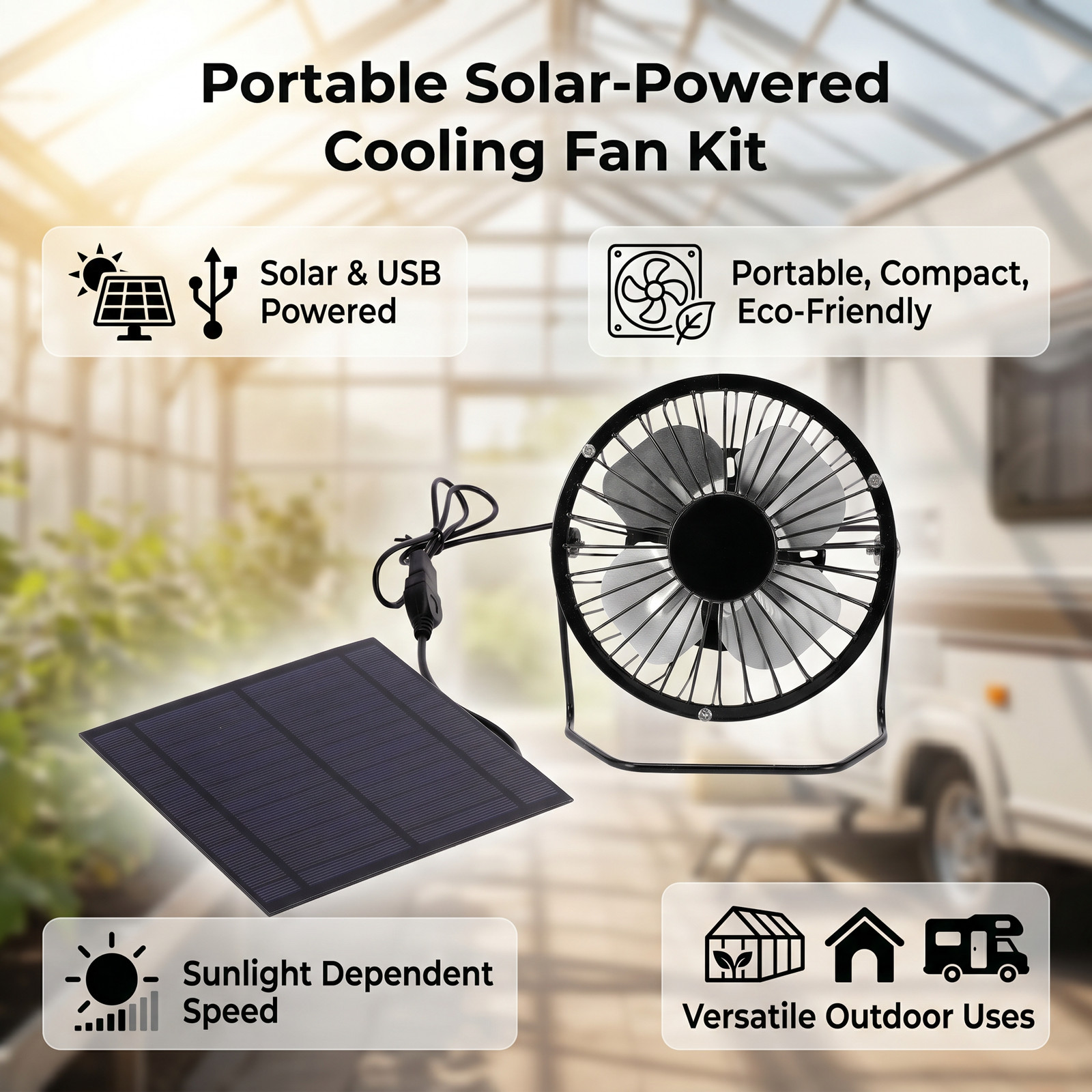 Solar Powered Fan 5W 6V Iron Solar Panel USB 5V Portable Silent Vent Fan