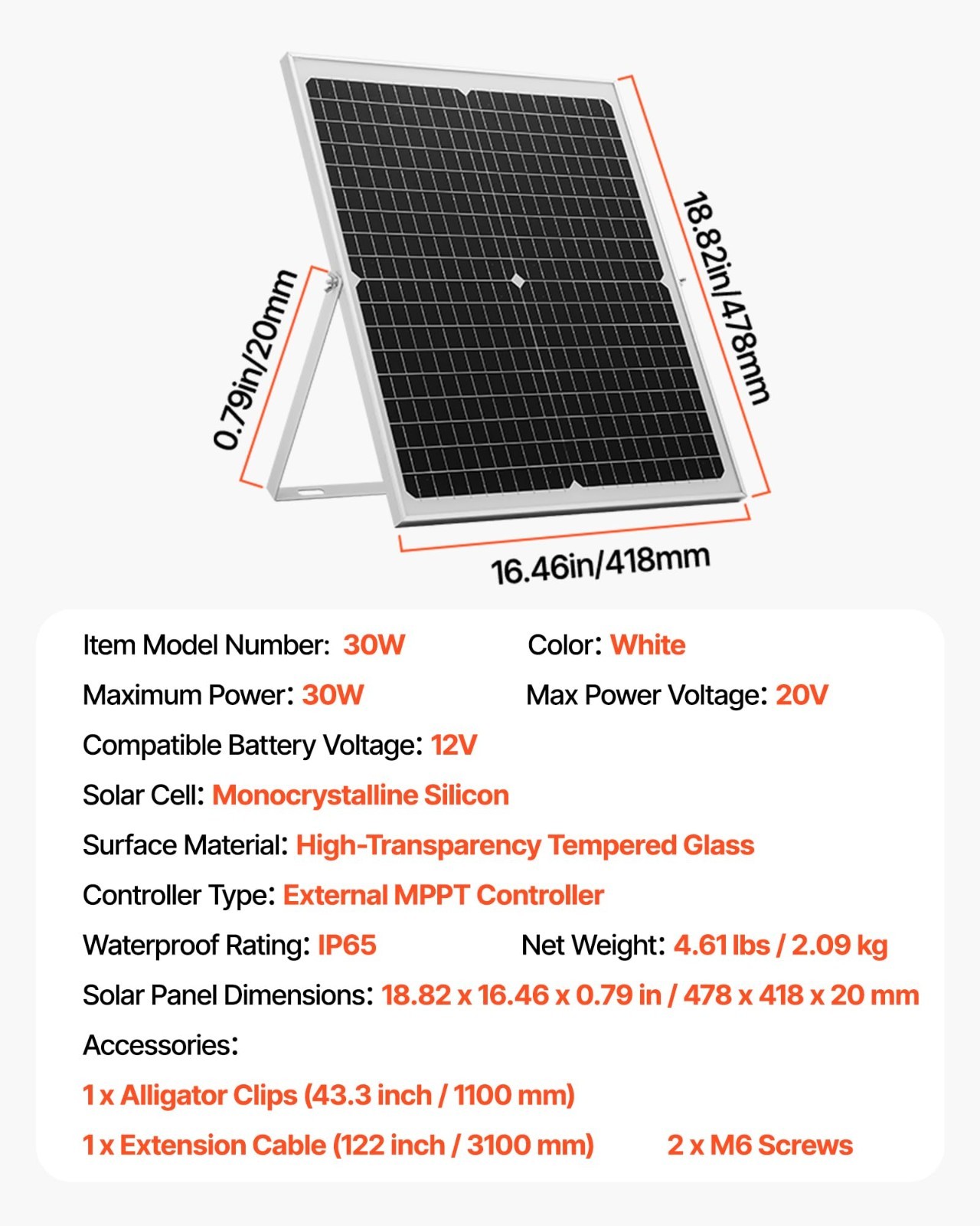 30W 12V Solar Panel Battery Charger – Trickle Maintainer, MPPT Controller, Water