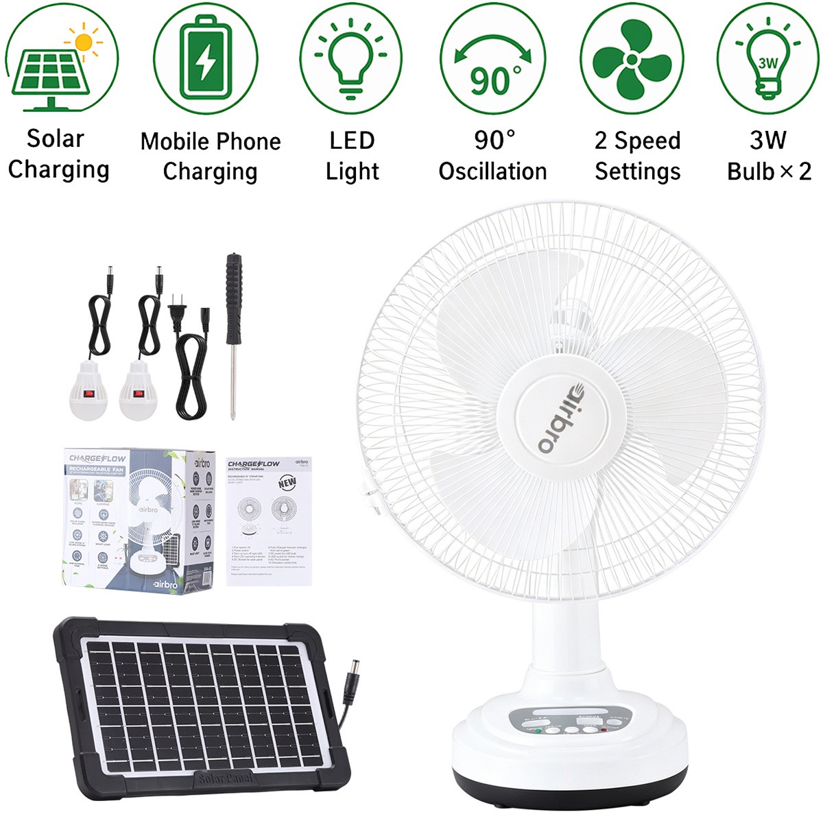 Solar Rechargeable 12″ Table Fan AC/DC Dual Power 2PCS LED Bulbs Outdoor Camping