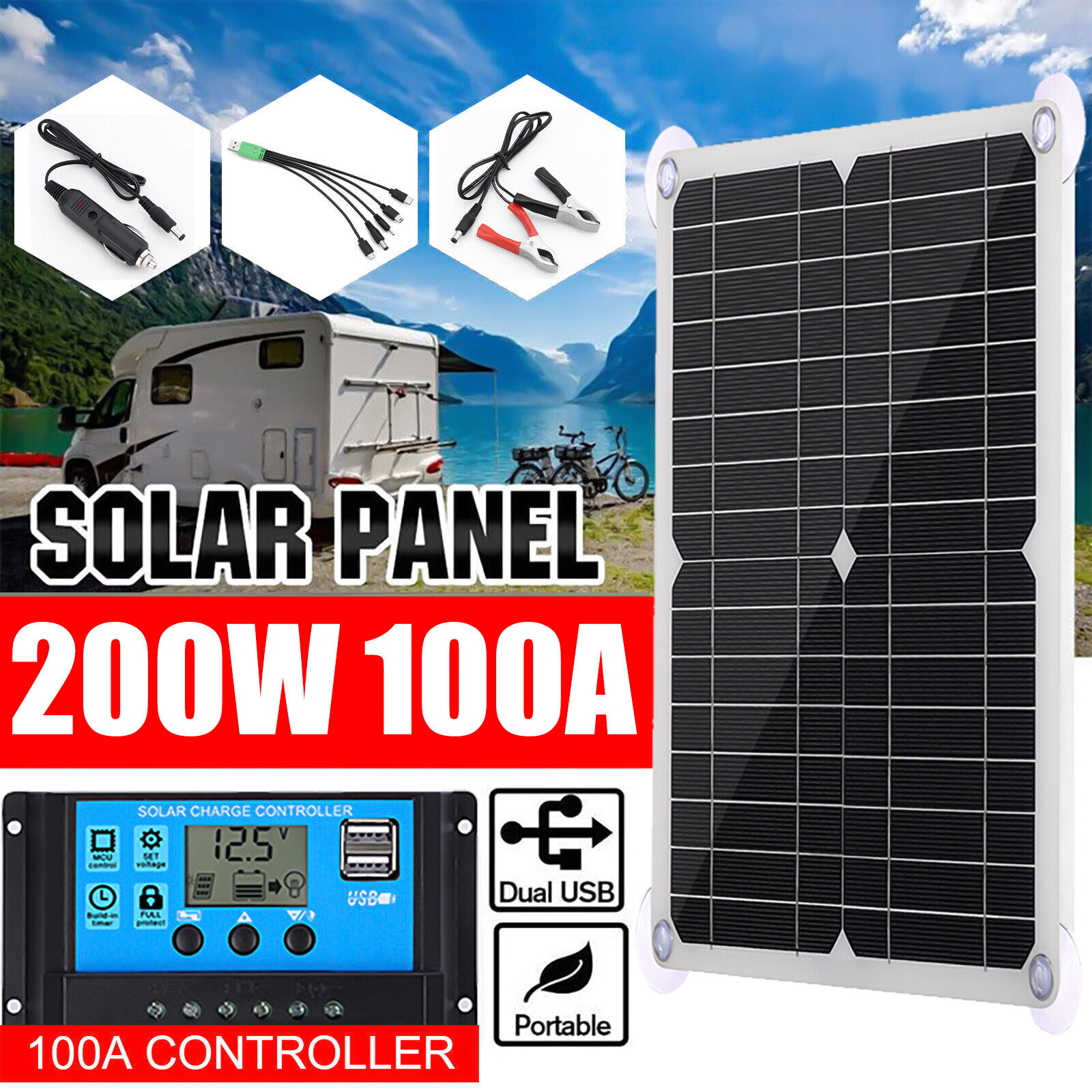 200 W Solar Panel Kit 100A 12V Battery Charger Controller Caravan Boat Camping