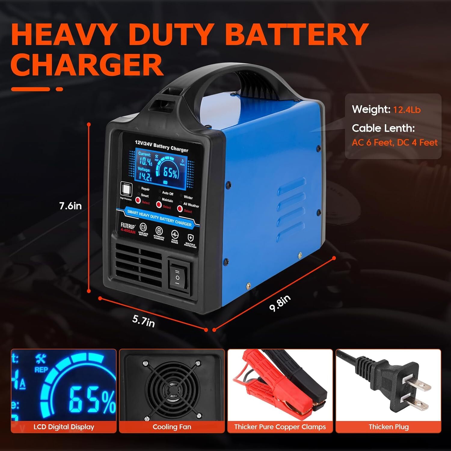 12V 24V Lead-Acid Battery Charger Heavy Duty, 0-15A Smart Automatic Battery