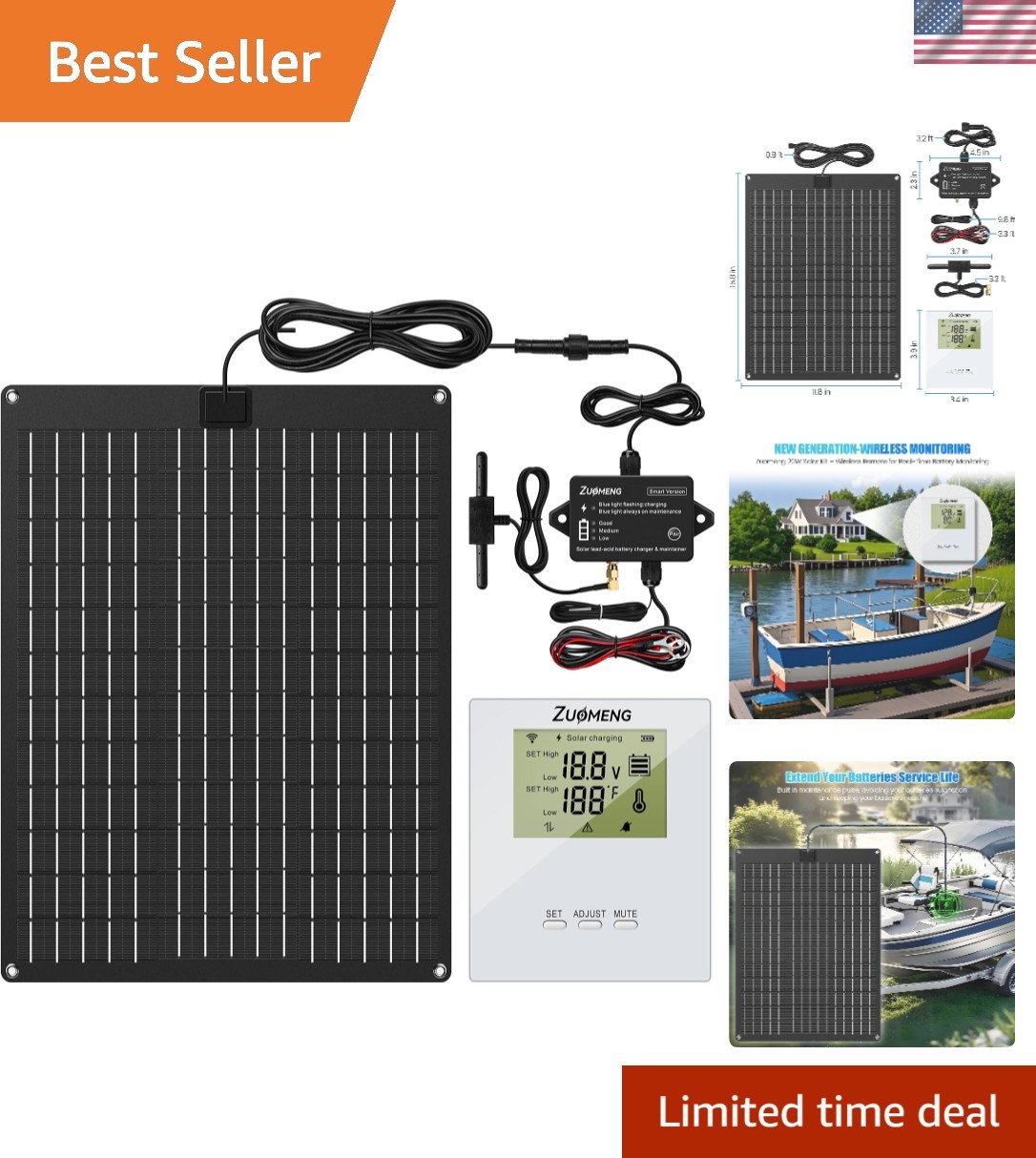 Portable 20W Solar Battery Charger – Wireless Remote for 12V Lead-Acid Batteries