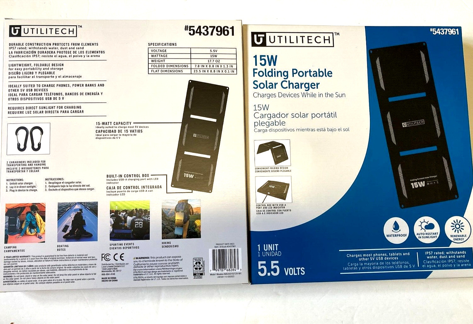 LOT OF 2 UTILITECH 15W folding portable solar chargers 5.5V #5437961