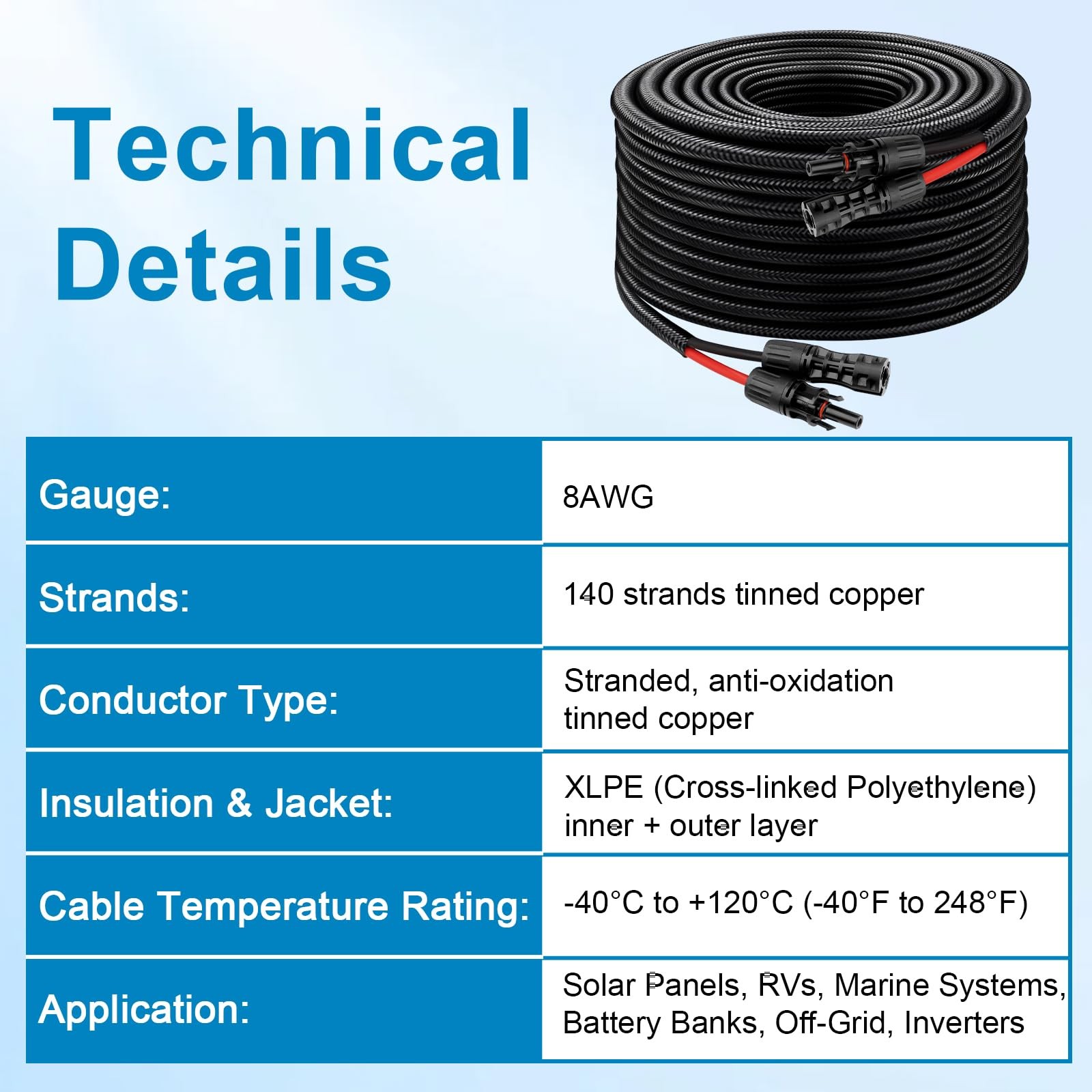 XRDS -RF Solar Cable 20FT, 8AWG Solar Extension Cable Male & Female Solar
