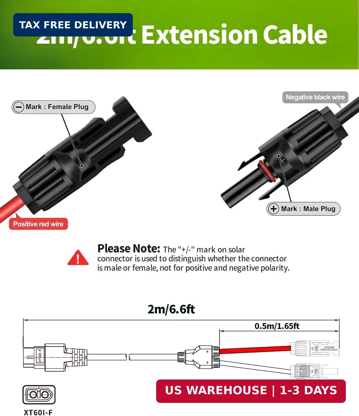 6.6FT Solar to XT60i Charging Cable, 12AWG Solar Connector to XT60i Connector So