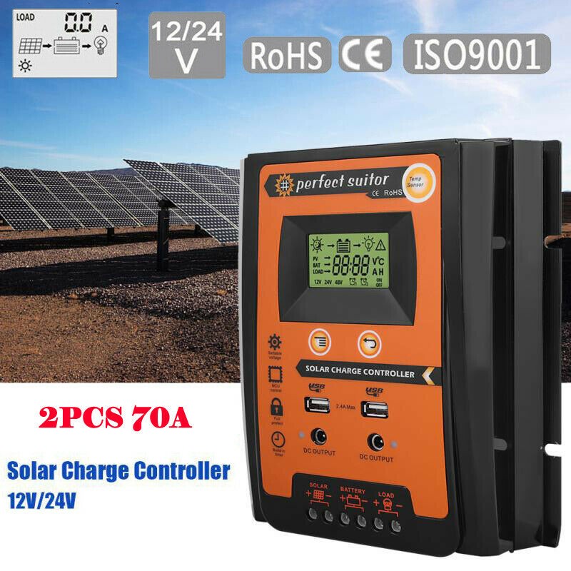 70A Battery Panel 12/24V Regulator 2pcs Solar Charger Controller