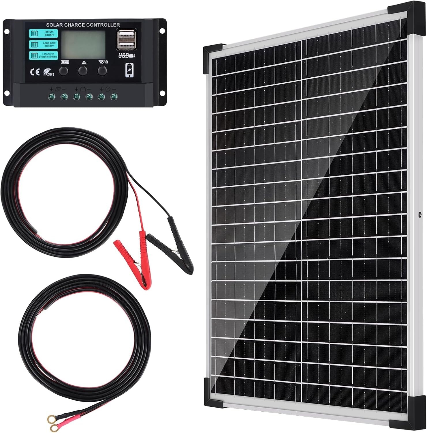 12V Solar Panel Kit with 10A Charge Controller & Battery Clips for RVs and Boats