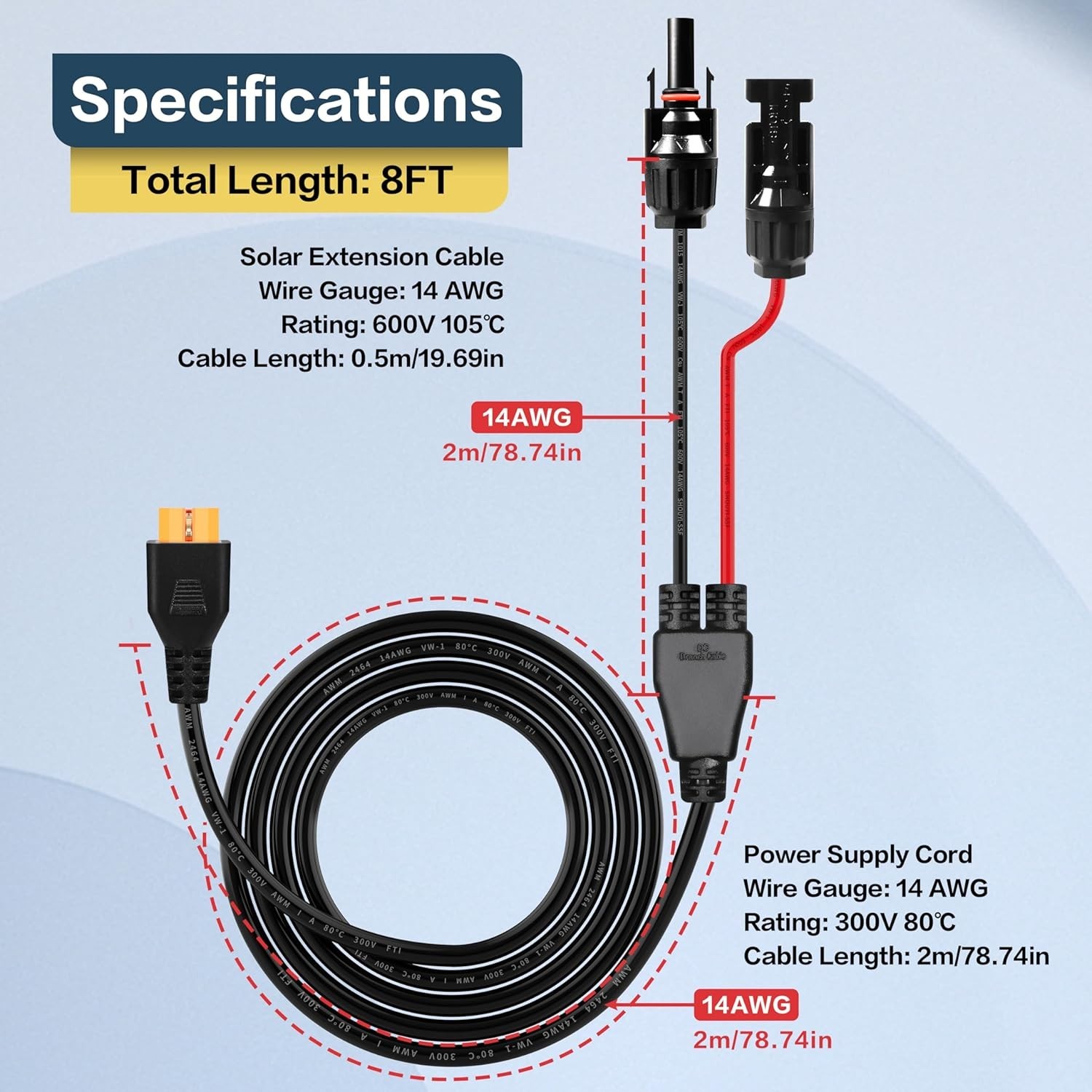 XT60i Solar Charge Cable 14AWG 8FT for Solar Panels Portable Power Stations