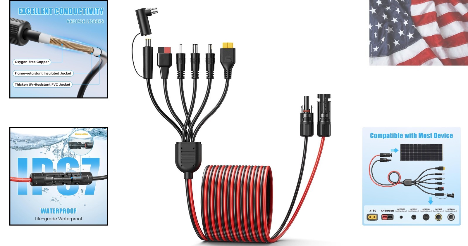 7-in-1 Solar Panel Adapter Connectors,3.6 Feet Universal 12AWG MC4 Cable to D…