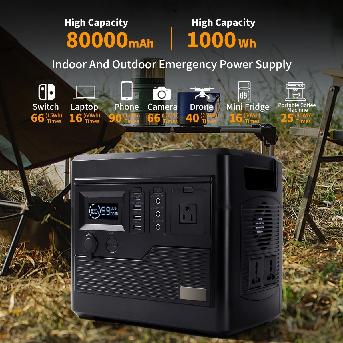 1000W Power Station – 1000Wh, 220V AC Outlet, Camping/RV, Emergency Use