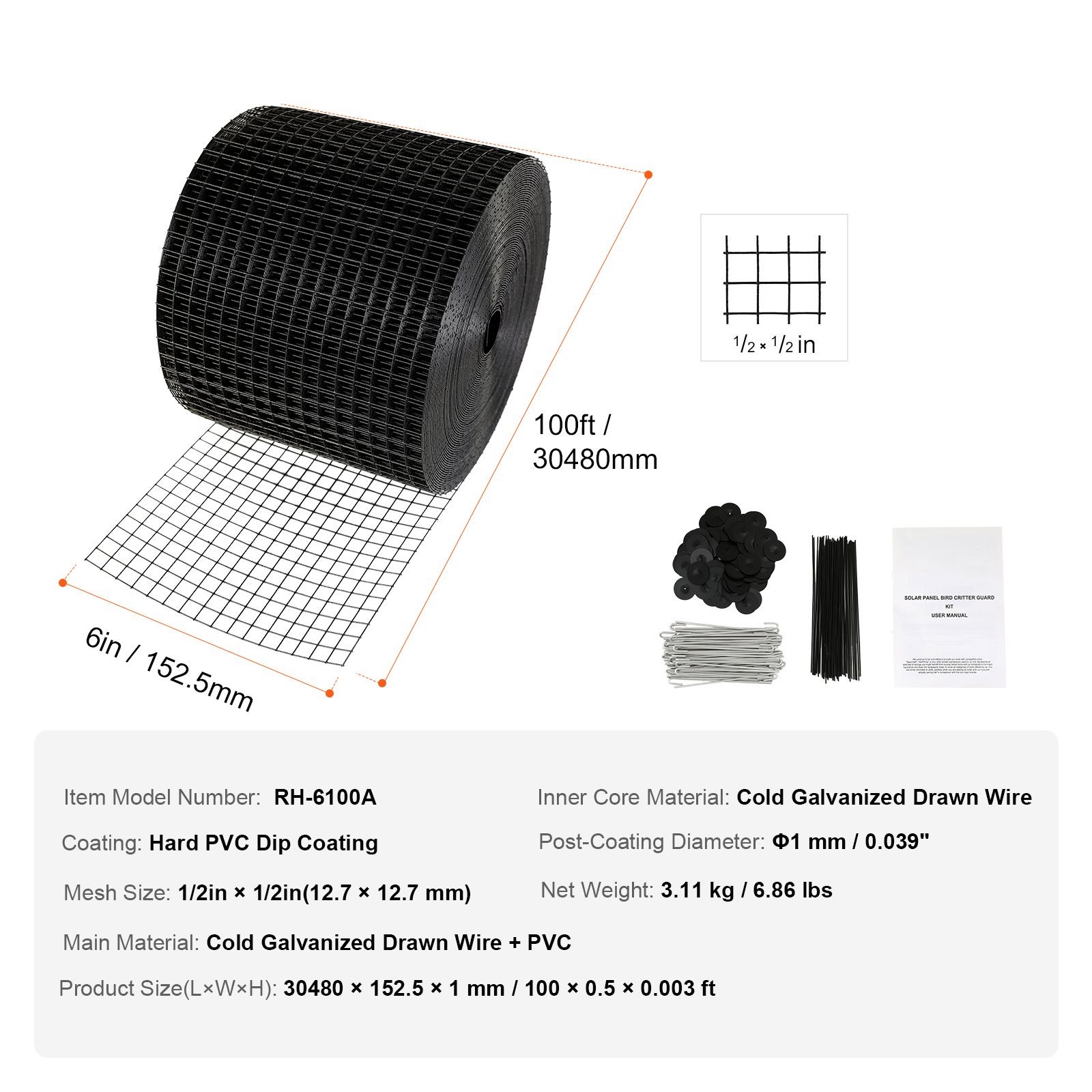 6″x100ft Solar Panel Bird Mesh, 0.7mm Wire, PVC & Rust Resistant