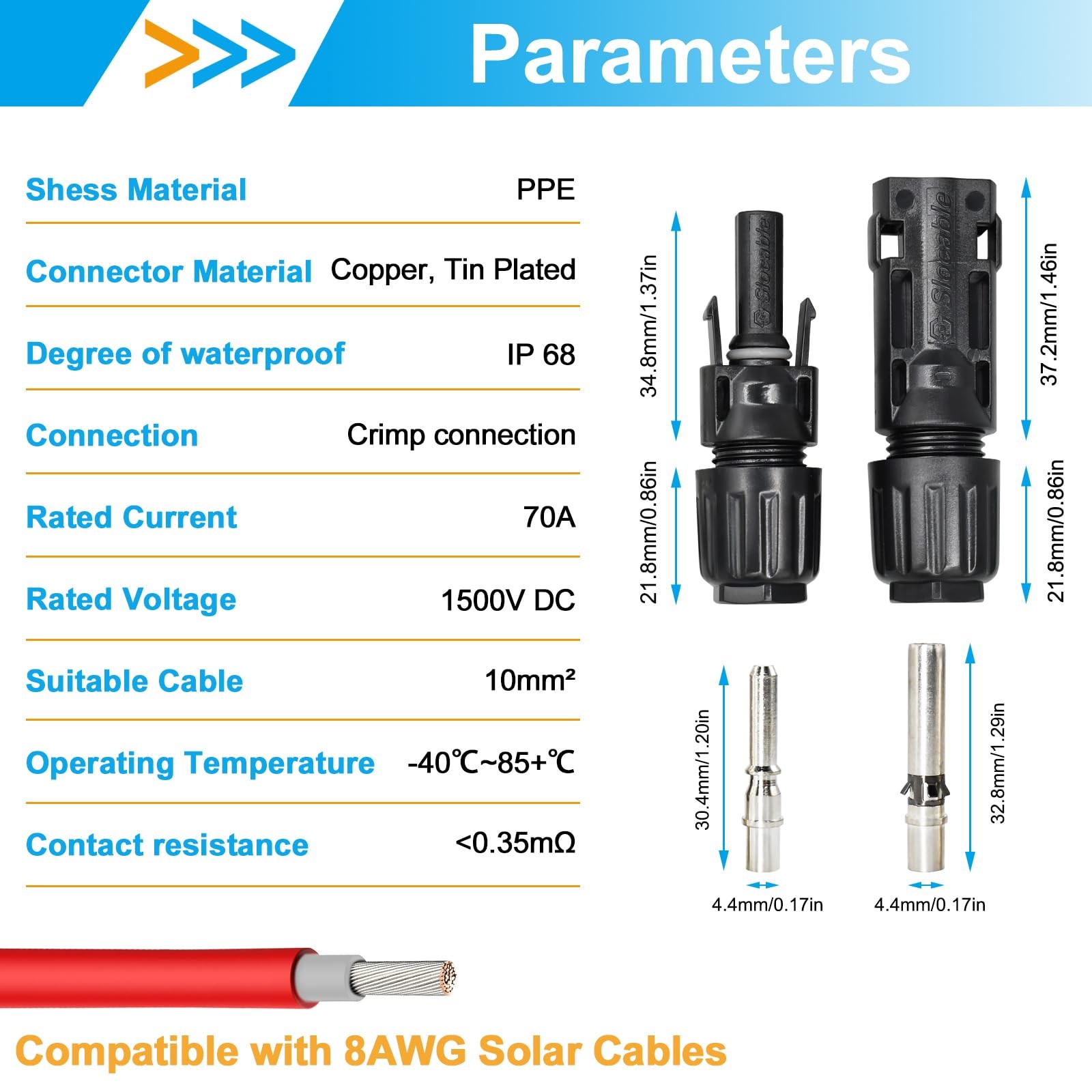 8AWG Solar Panel Connector 10mm2, 1500V IP68 Waterproof 70A PV Plug Tinned Co…