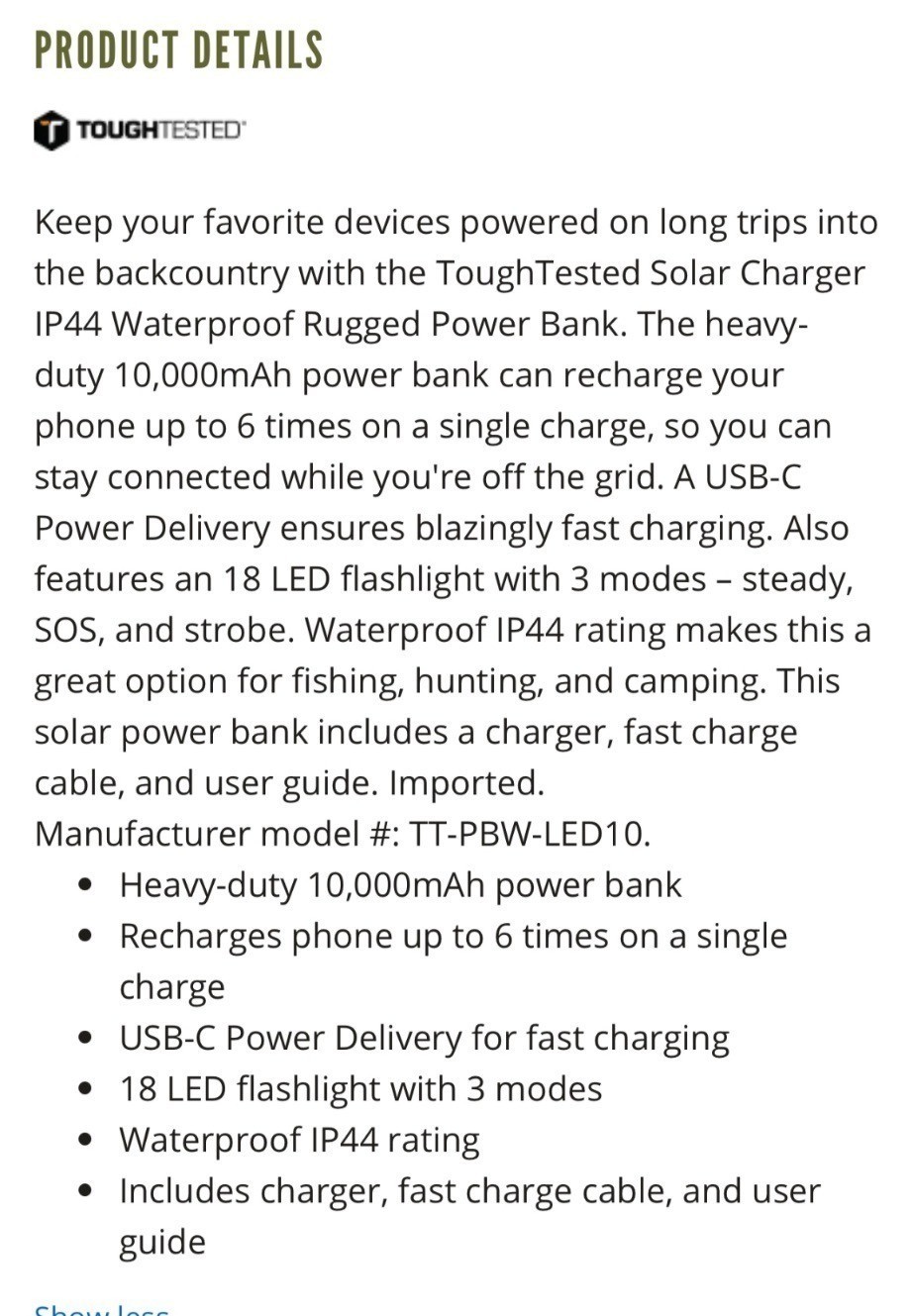 Tough Tested Solar IP44 LED10 Power Pack 10000mAh LED Light Panel NWB