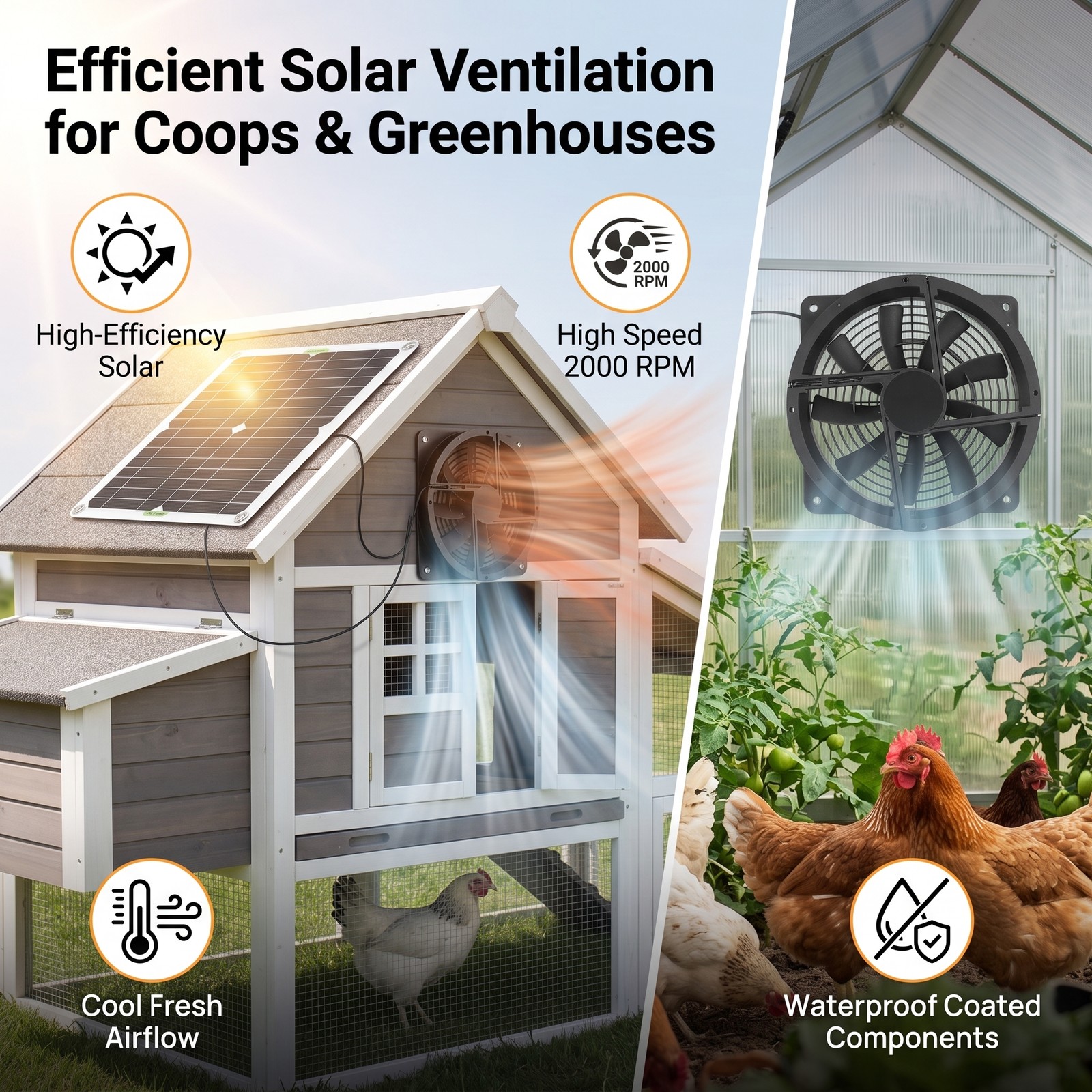 12W Solar Panel Fan Kit Waterproof 2000RPM DC Exhaust Fan with Metal Safety Mesh
