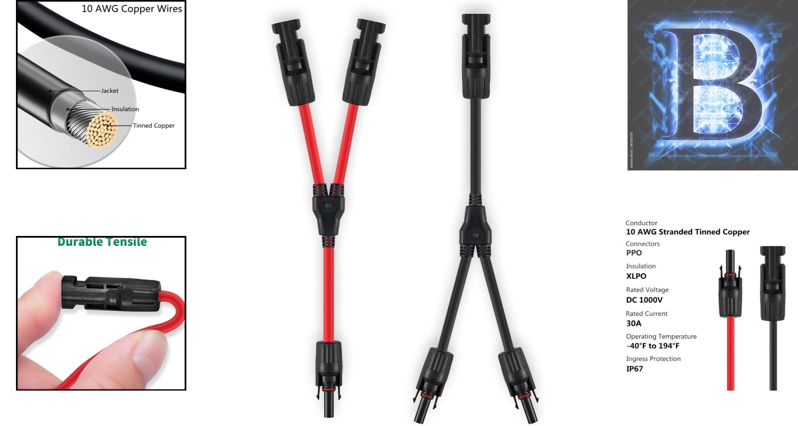 Y Branch Solar Connector Adapter, 12 Inches, 30A, Plug & Play Install