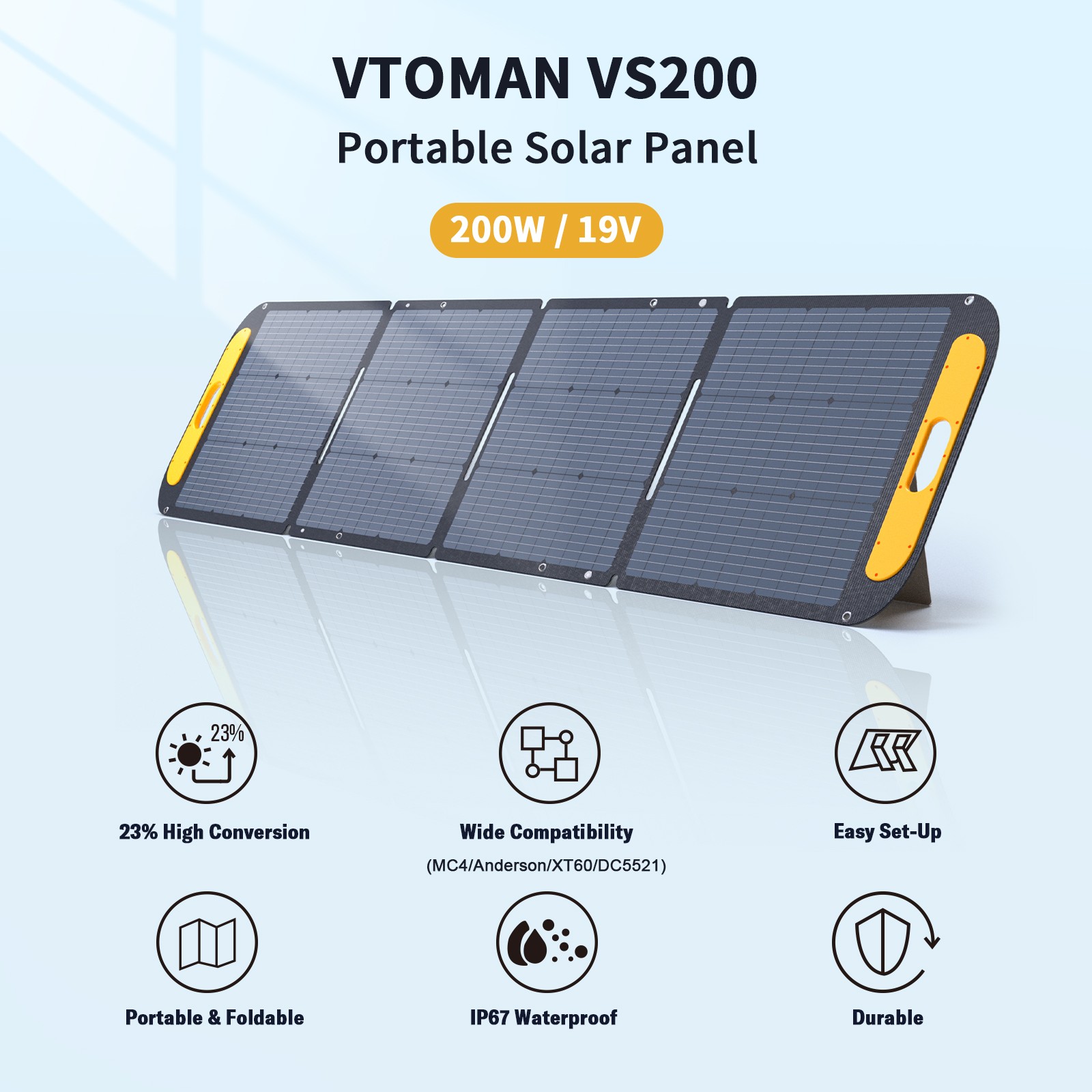 VTOMAN VS220 Portable Solar Panel 200W 19V, 23% Efficiency Foldable Solar Panel