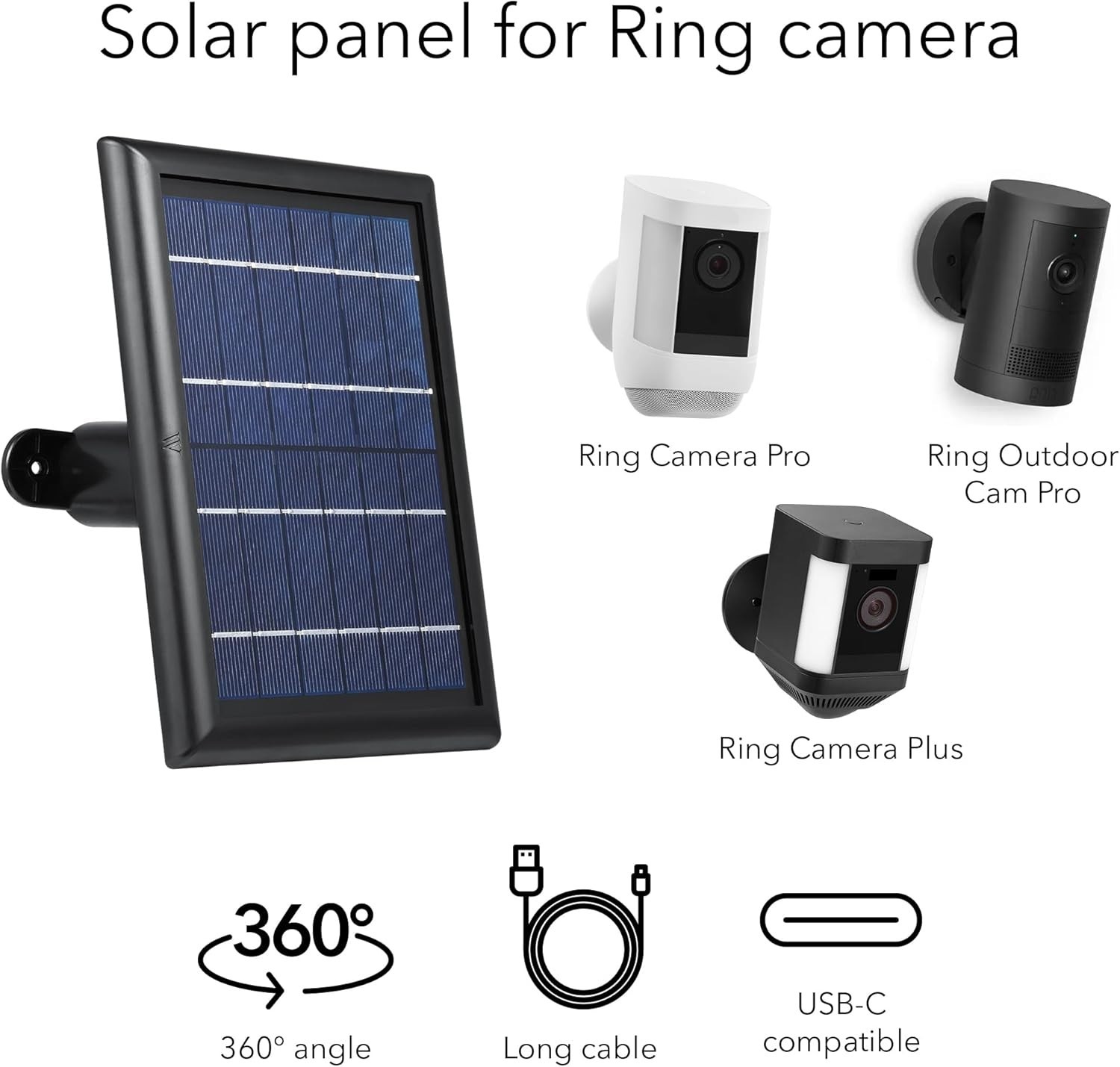 Ring Stick Up Cam Solar Panel 2 Pack Black: 13ft Cable, 360° Mount,