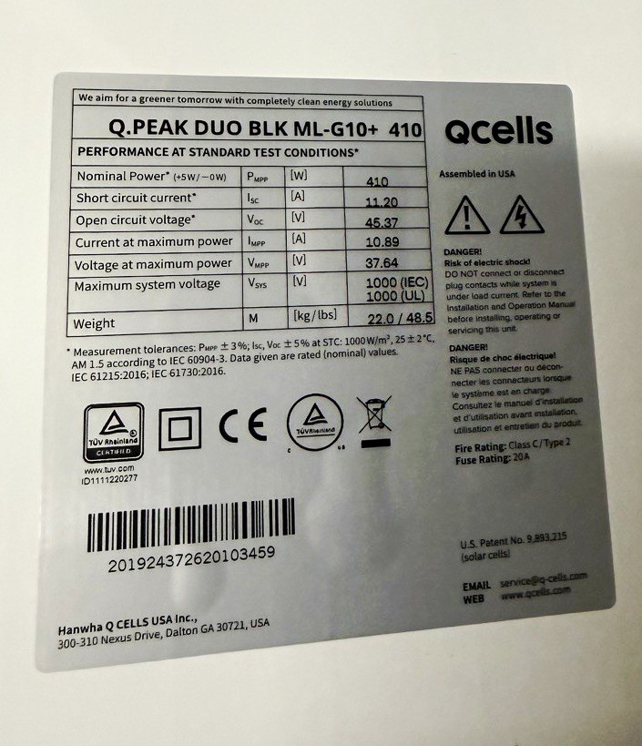 Q CELLS Q.PEAK DUO BLK ML-G10+ 410W Monocrystalline Grid-Tie Solar Panel