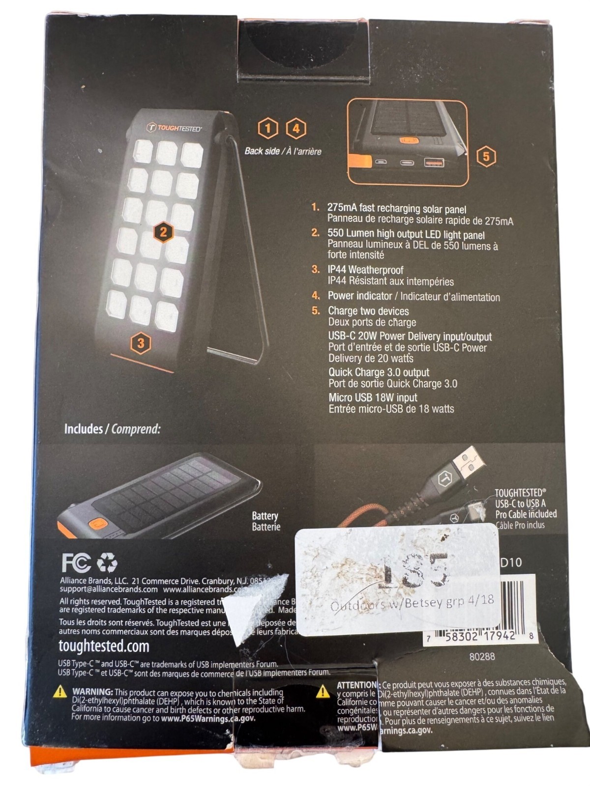 Tough Tested Solar IP44 LED10 Power Pack 10000mAh LED Light Panel NWB