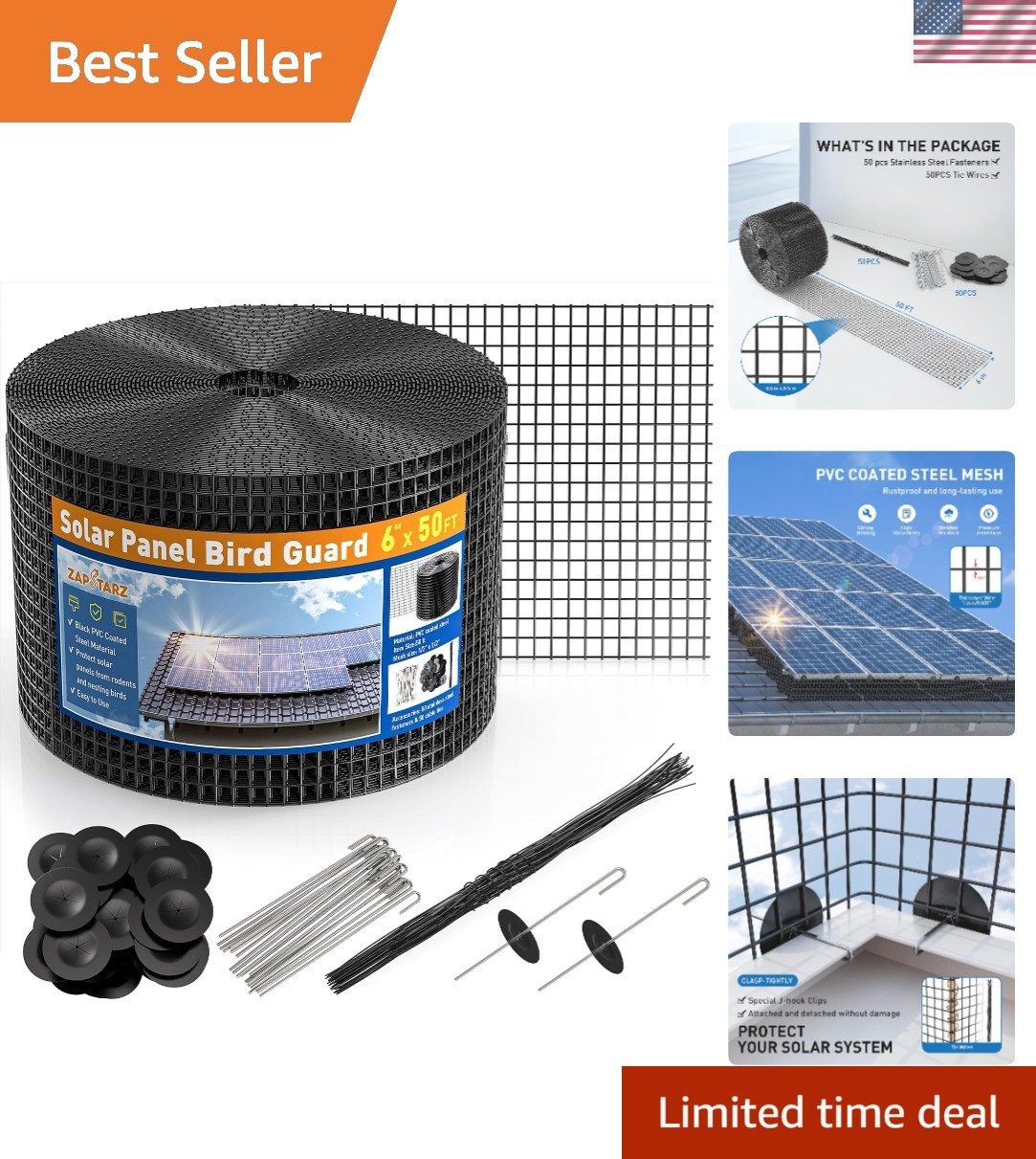 6in x 50ft Solar Panel Critter Guard: Durable PVC Coated Mesh with Fasteners