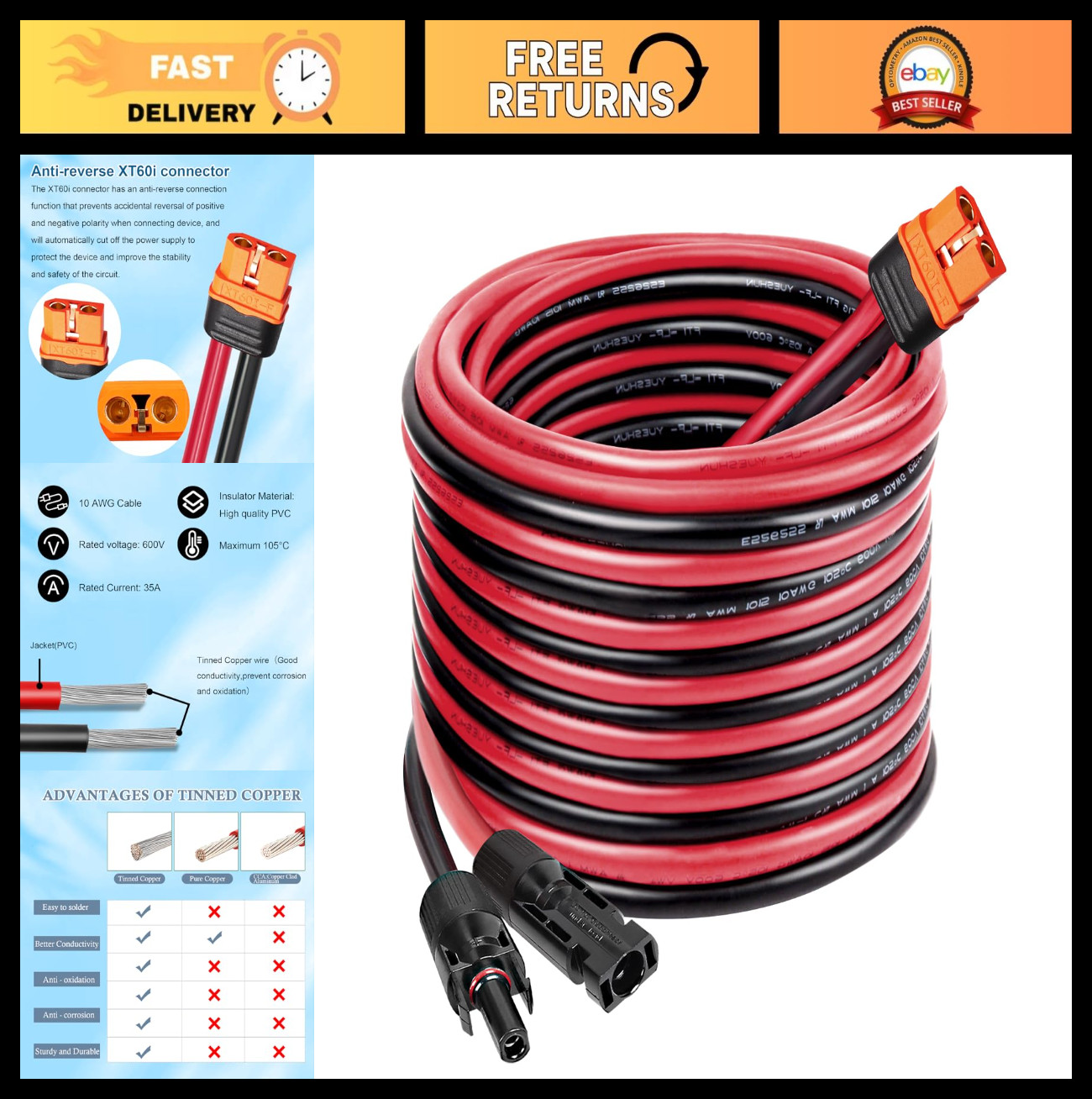 25FT 10AWG Solar Panel to XT60i Cable – XT60i-F Extension Connector for Power St