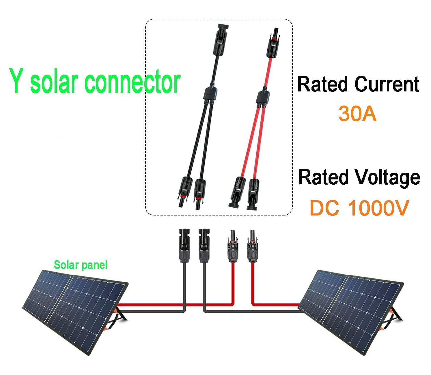 Solar Y Branch Connector Adapter 1 to 2 | 10AWG 45A Waterproof Cable for Solar P
