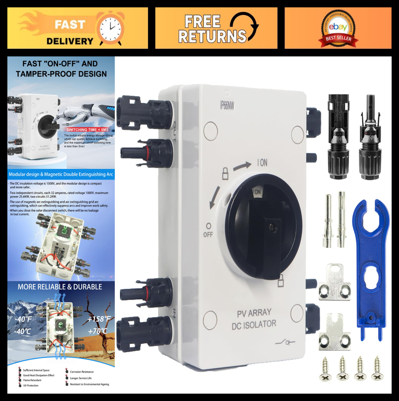 IP66 Waterproof Solar Disconnect Switch 1000V 64A for Off/On-Grid, RV & Boats