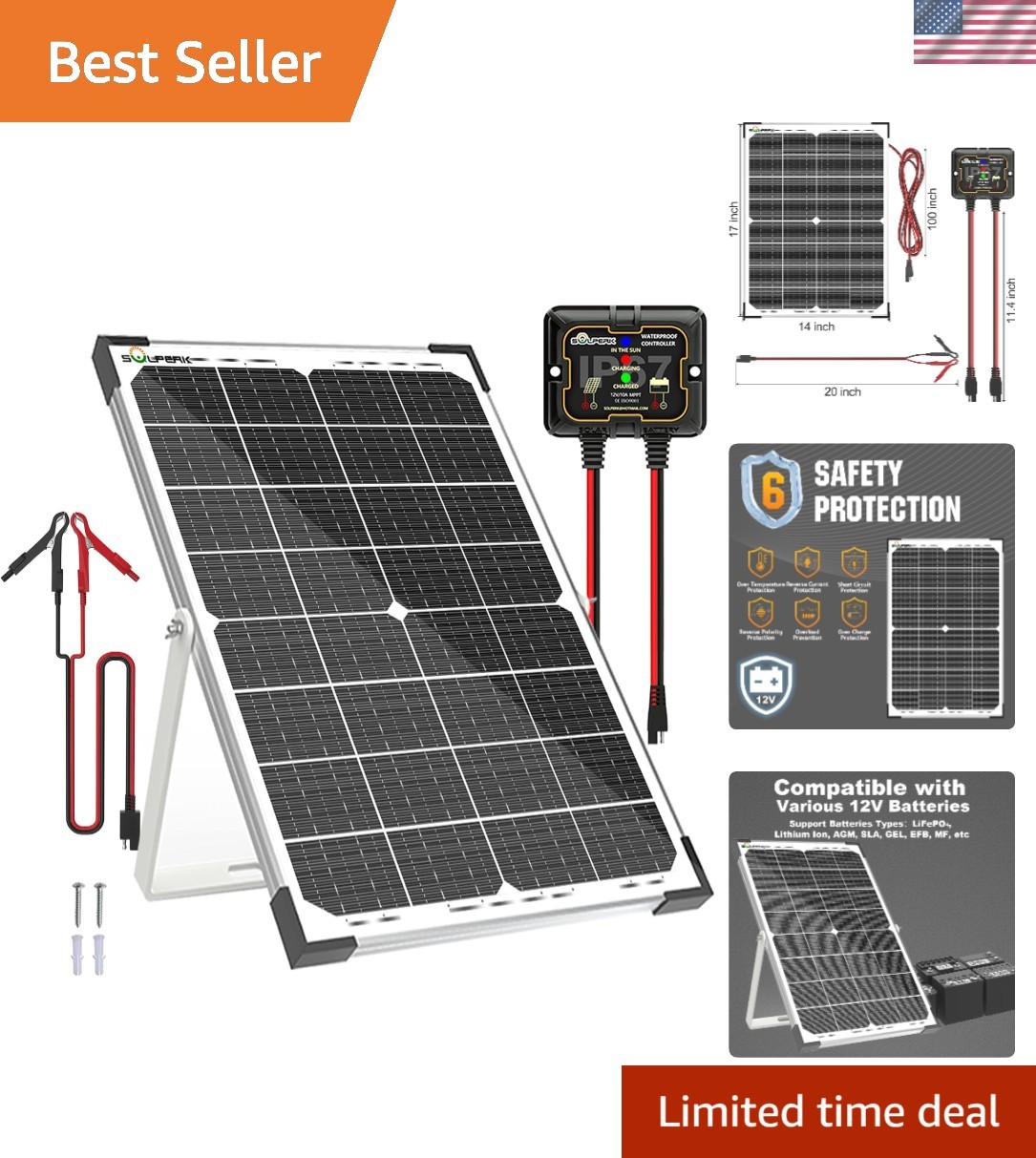 30W Waterproof Solar Battery Charger with 10A MPPT Controller – For Cars & RVs